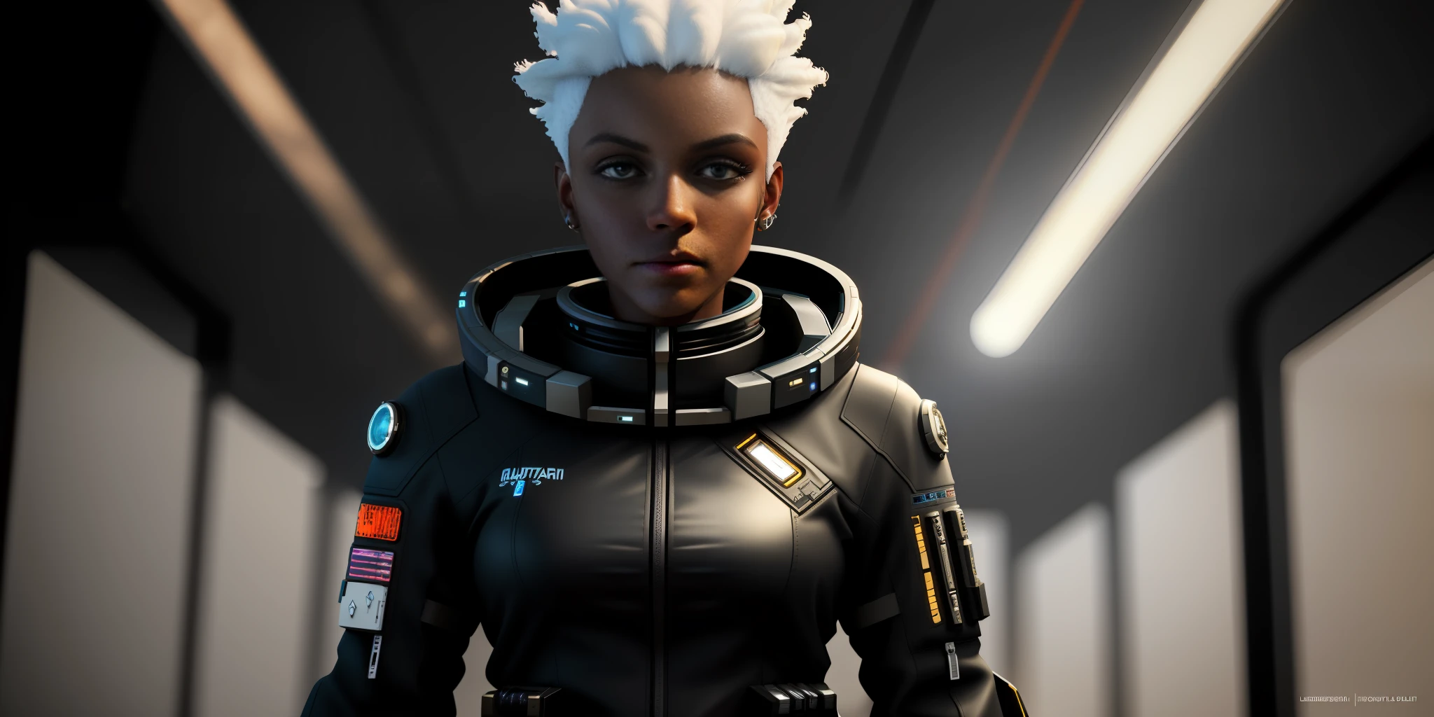 ((Best quality)), ((masterpiece)), (detailed: 1.4), 3D, cyberpunk, a gorgeous black-skinned space pilot with short white hair