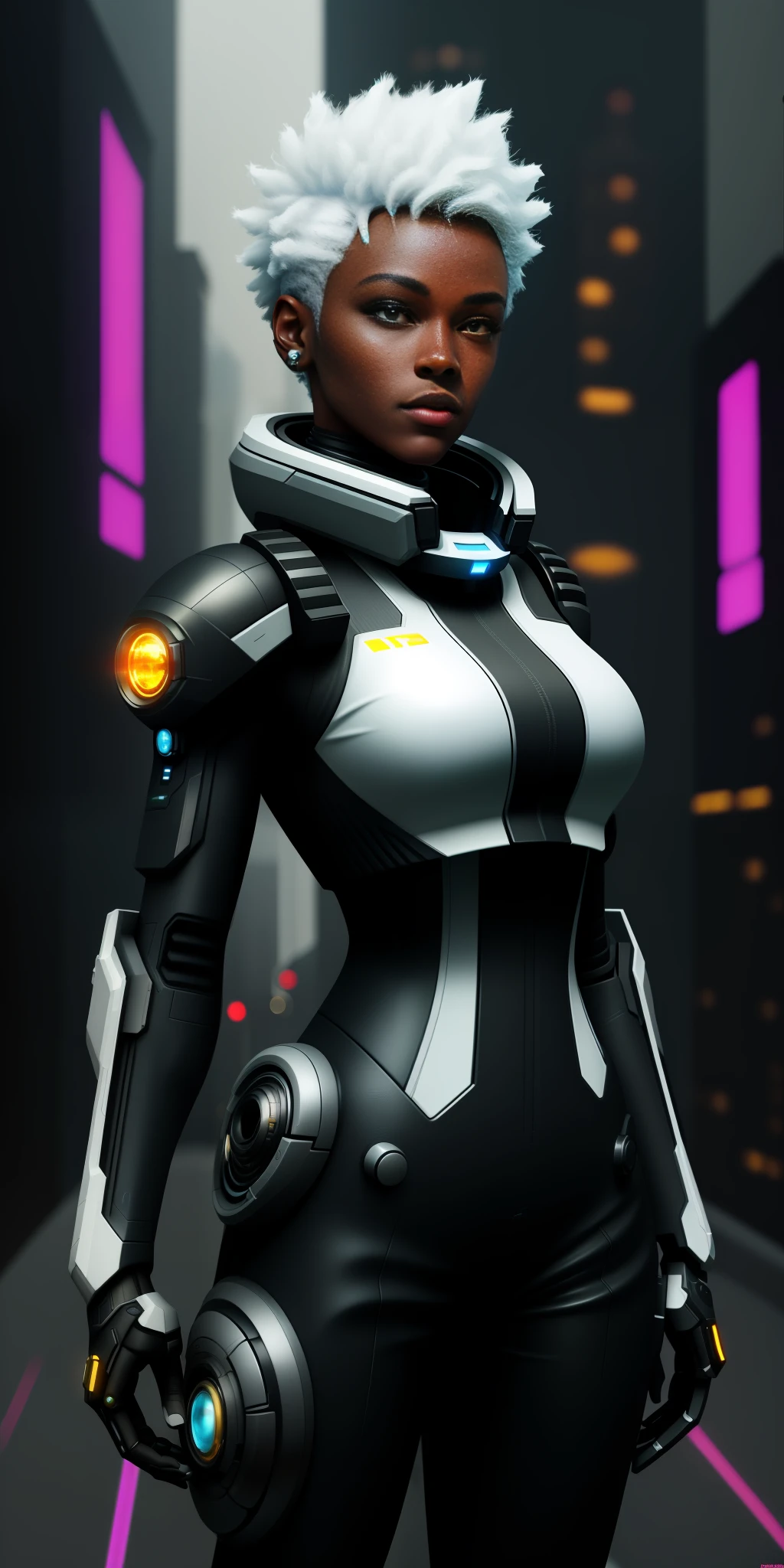 ((Best quality)), ((masterpiece)), (detailed: 1.4), 3D, cyberpunk, a gorgeous black-skinned space pilot with short white hair