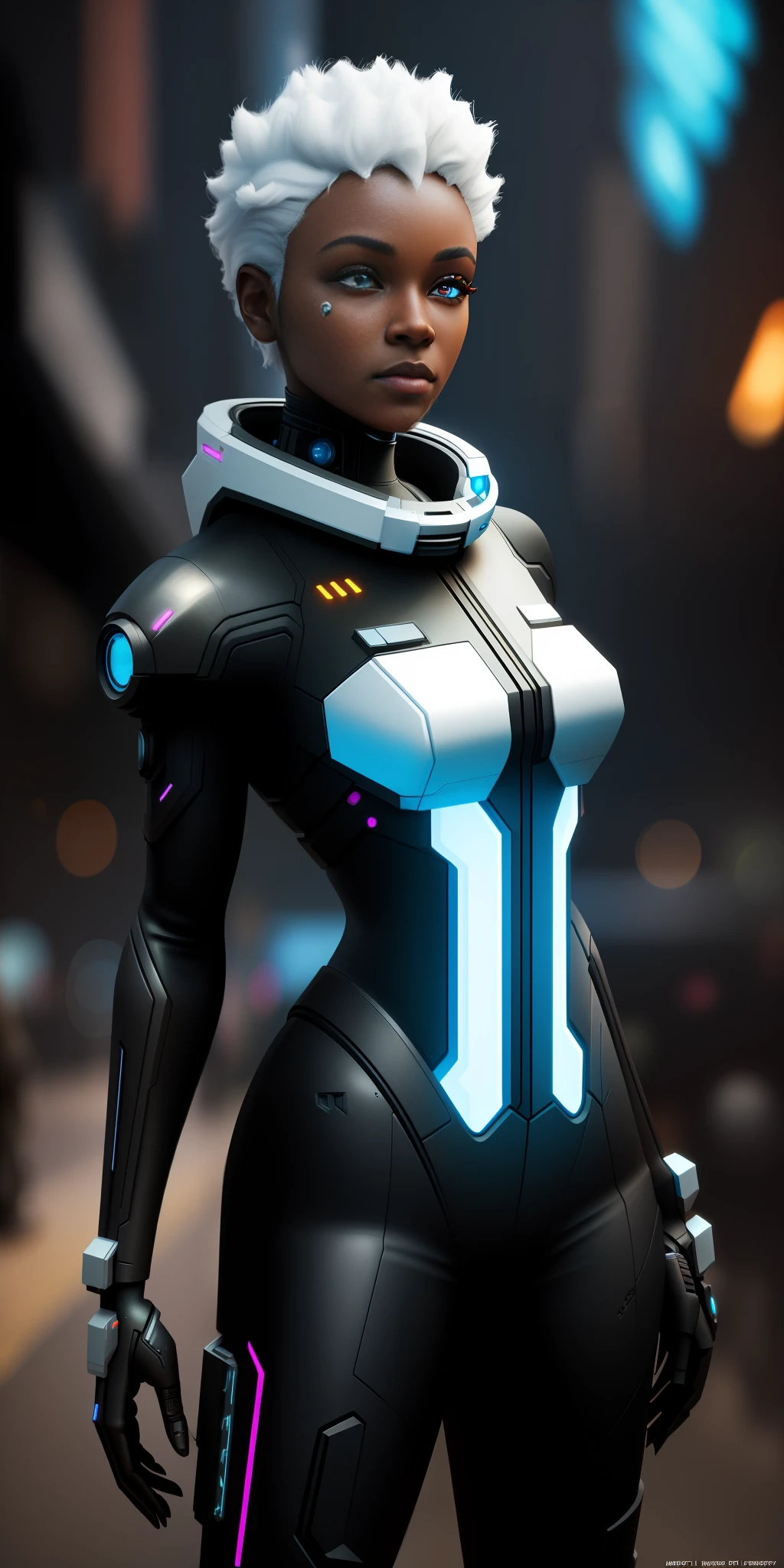 ((Best quality)), ((masterpiece)), (detailed: 1.4), 3D, cyberpunk, a gorgeous black-skinned space pilot with short white hair