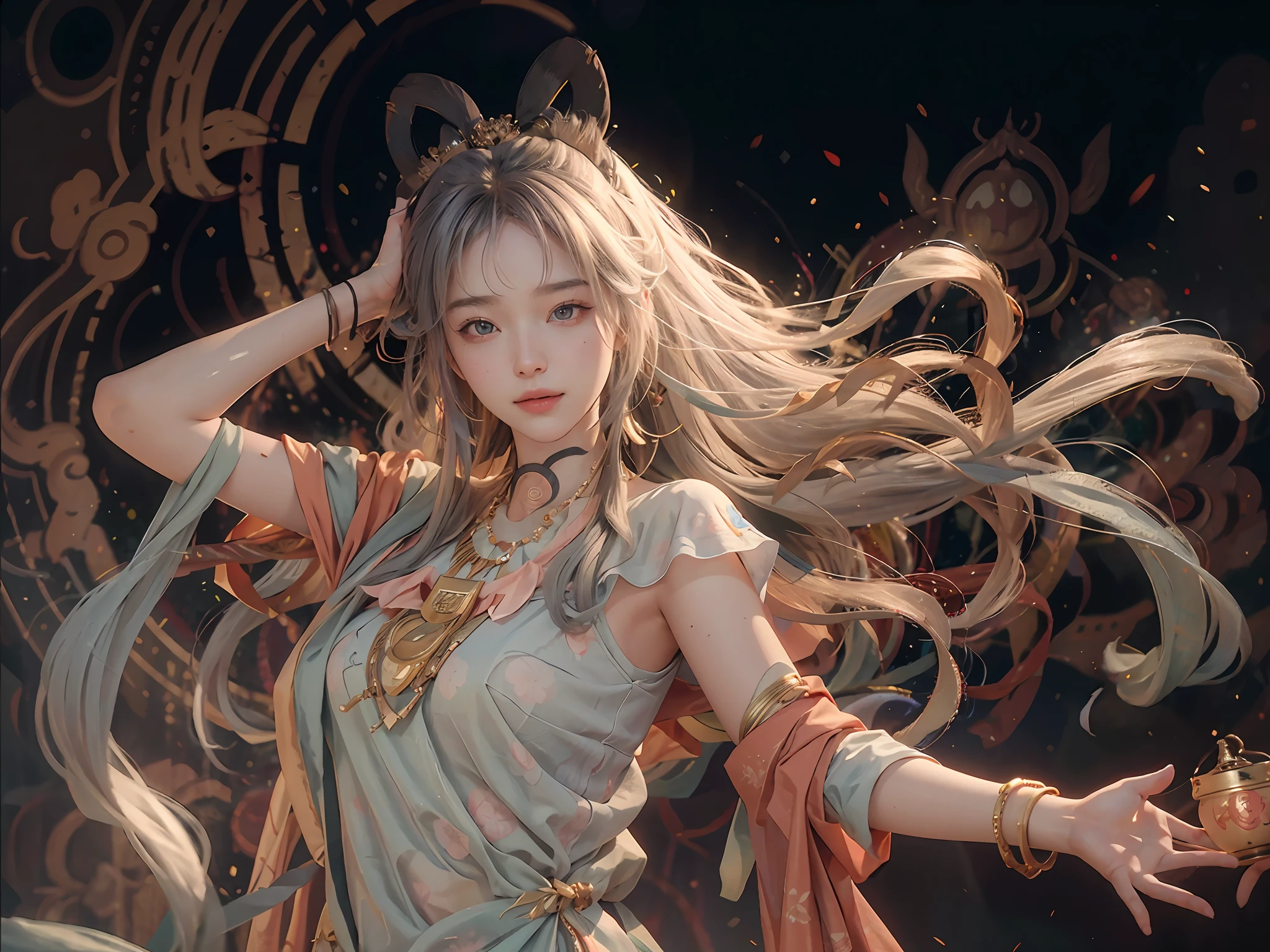 (RAW Photo, Best Quality), (Realistic, Photorealistic Real: 1.3), Best Quality, Highly Detailed, Masterpiece, Ultra Detailed, Illustration, 1 Girl, upper_body, Dynamic Angle, World Mastery Theater, messy_long_hair, Best Quality, Extremely Detailed CG Uniform 8k Wallpaper, Ink, Amazing, Sexy, Peach Blossom Eyes, Gray Hair, Smile, Movie Lights, lens_flare, dunhuang_style