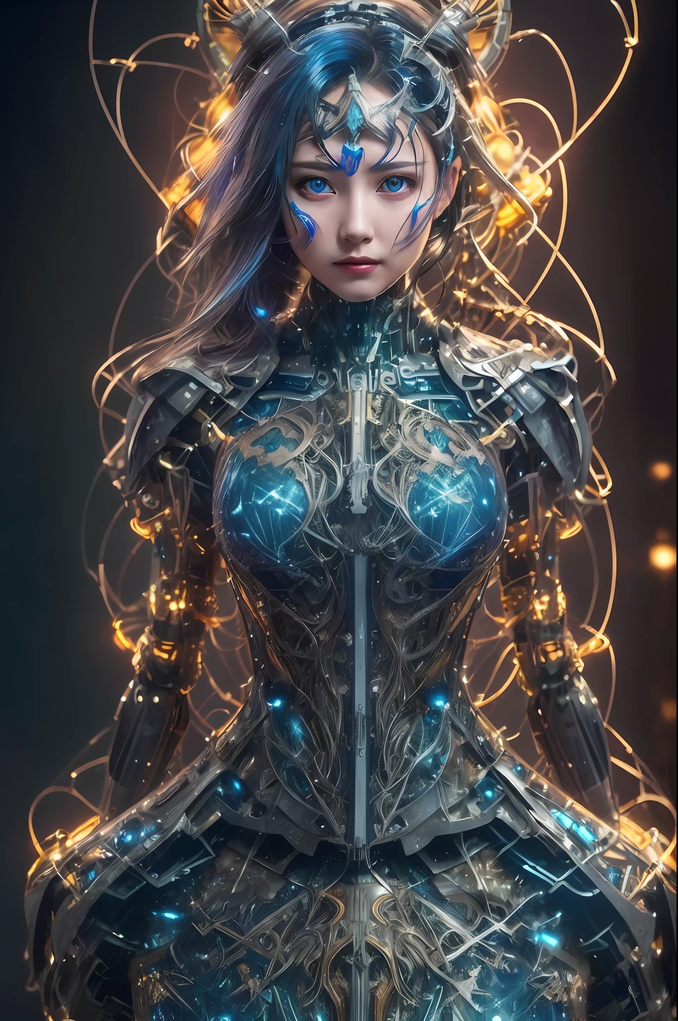 Masterpiece, best quality, super detailed, very detailed illustrations, very detailed, intricate details, high resolution, super complex details, very detailed 8k cg wallpaper, 50MM lens, caustics, reflections, ray tracing, nebulae, dark halos, network effects, (1girl:1.4), solo, alone, mecha musume, mechanical parts, robot joints, single mechanical arm, headgear, mechanical halo, star halo, electric mechanical bodysuit, mecha corset, kimono, full armor, very long hair, white hair, hair between eyes, multicolored hair, blue eyes, glowing eyes, random expression, random action, ancient chinese architecture, starry sky, skyline,