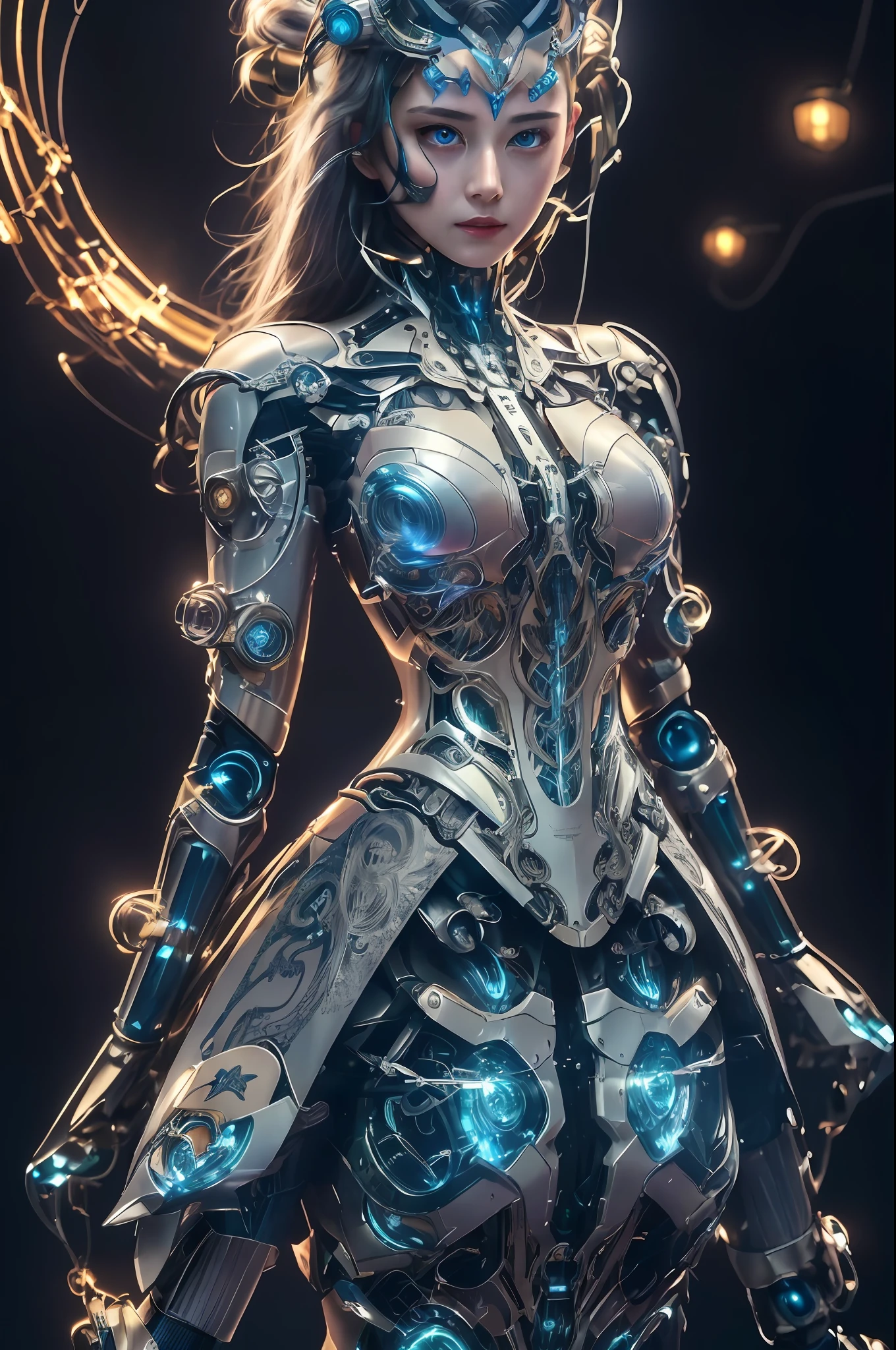 Masterpiece, best quality, super detailed, very detailed illustrations, very detailed, intricate details, high resolution, super complex details, very detailed 8k cg wallpaper, 50MM lens, caustics, reflections, ray tracing, nebulae, dark halos, network effects, (1girl:1.4), solo, alone, mecha musume, mechanical parts, robot joints, single mechanical arm, headgear, mechanical halo, star halo, electric mechanical bodysuit, mecha corset, kimono, full armor, very long hair, white hair, hair between eyes, multicolored hair, blue eyes, glowing eyes, random expression, random action, ancient chinese architecture, starry sky, skyline,