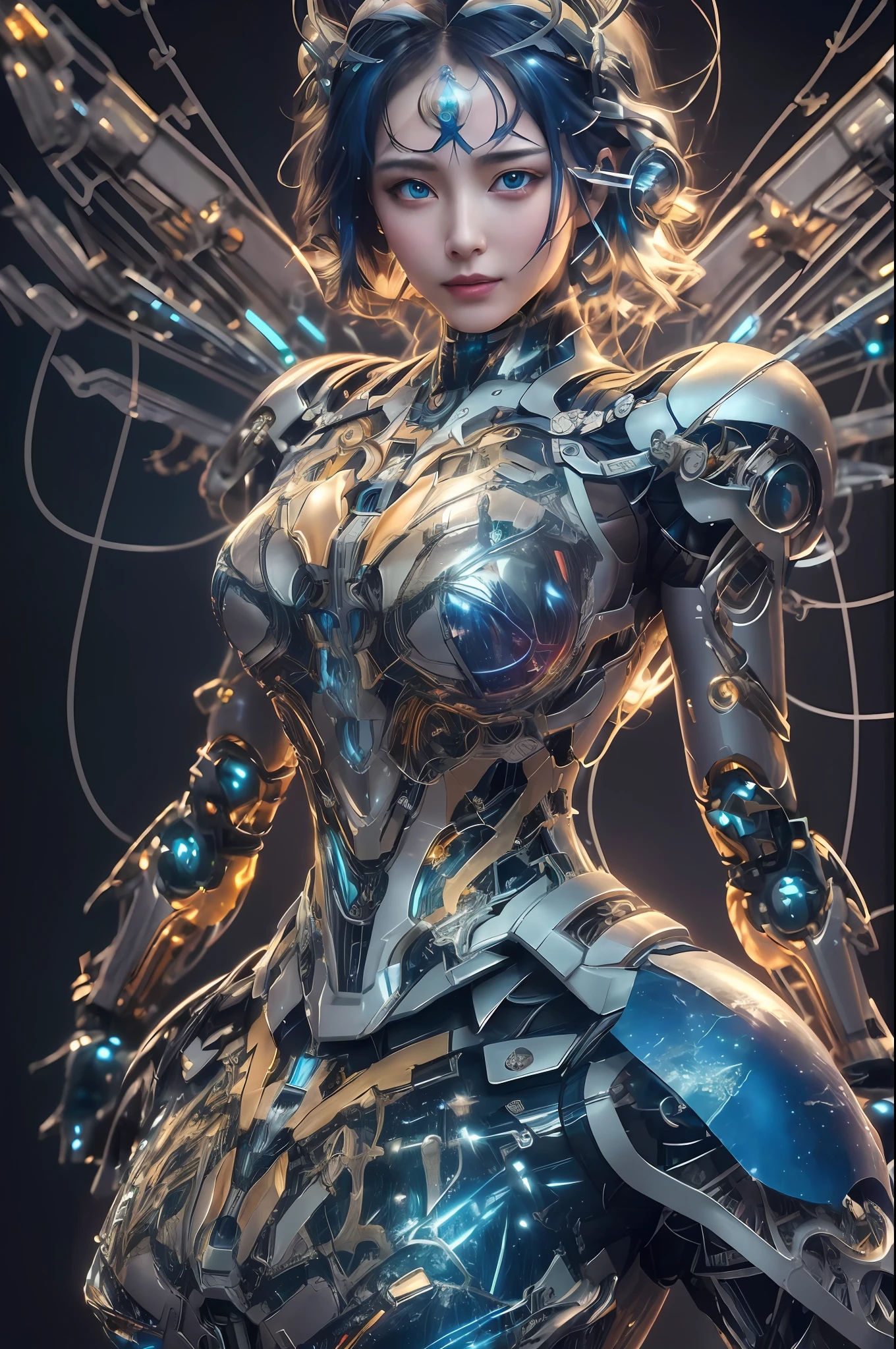 Masterpiece, best quality, super detailed, very detailed illustrations, very detailed, intricate details, high resolution, super complex details, very detailed 8k cg wallpaper, 50MM lens, caustics, reflections, ray tracing, nebulae, dark halos, network effects, (1girl:1.4), solo, alone, mecha musume, mechanical parts, robot joints, single mechanical arm, headgear, mechanical halo, star halo, electric mechanical bodysuit, mecha corset, kimono, full armor, very long hair, white hair, hair between eyes, multicolored hair, blue eyes, glowing eyes, random expression, random action, ancient chinese architecture, starry sky, skyline,