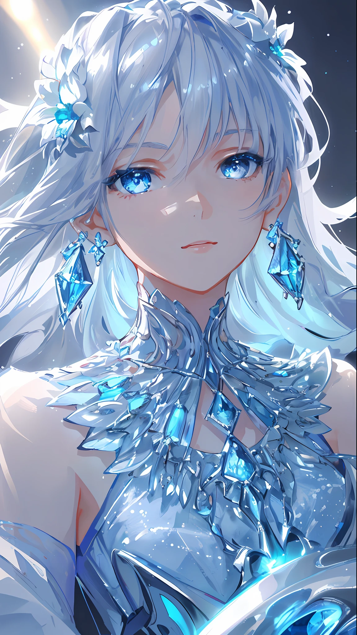 masterpiece, best quality, illustration, sax blue, platinum earrings, platinum necklace, white dress, 1girl, cute, (dynamic lighting:1.2), cinematic lighting, delicate facial features, detailed eyes, sharp pupils, realistic pupils, depth of field, bokeh, sharp focus, (hyper-detailed, bloom, glow:1.4), many small gems