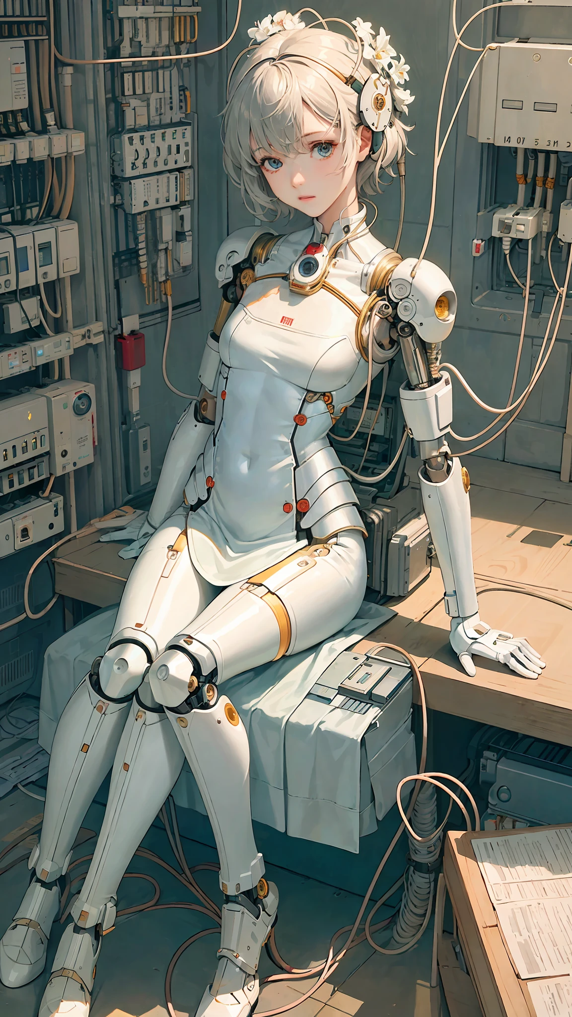 (((masterpiece))), (((best quality))), ((ultra-detailed)), (highly detailed CG illustration), ((an extremely delicate and beautiful)),(cute delicate face),cinematic light,((1mechanical girl)),solo,full body,(machine made joints:1.4),((machanical limbs)),(explosed muscles),(blood vessels connected to tubes),(a brain in container:1.3),((mechanical vertebra attaching to back)),((mechanical cervial attaching to neck)),((sitting)),expressionless,(wires and cables attaching to head and body:1.5),small breasts,short hair,(character focus),science fiction