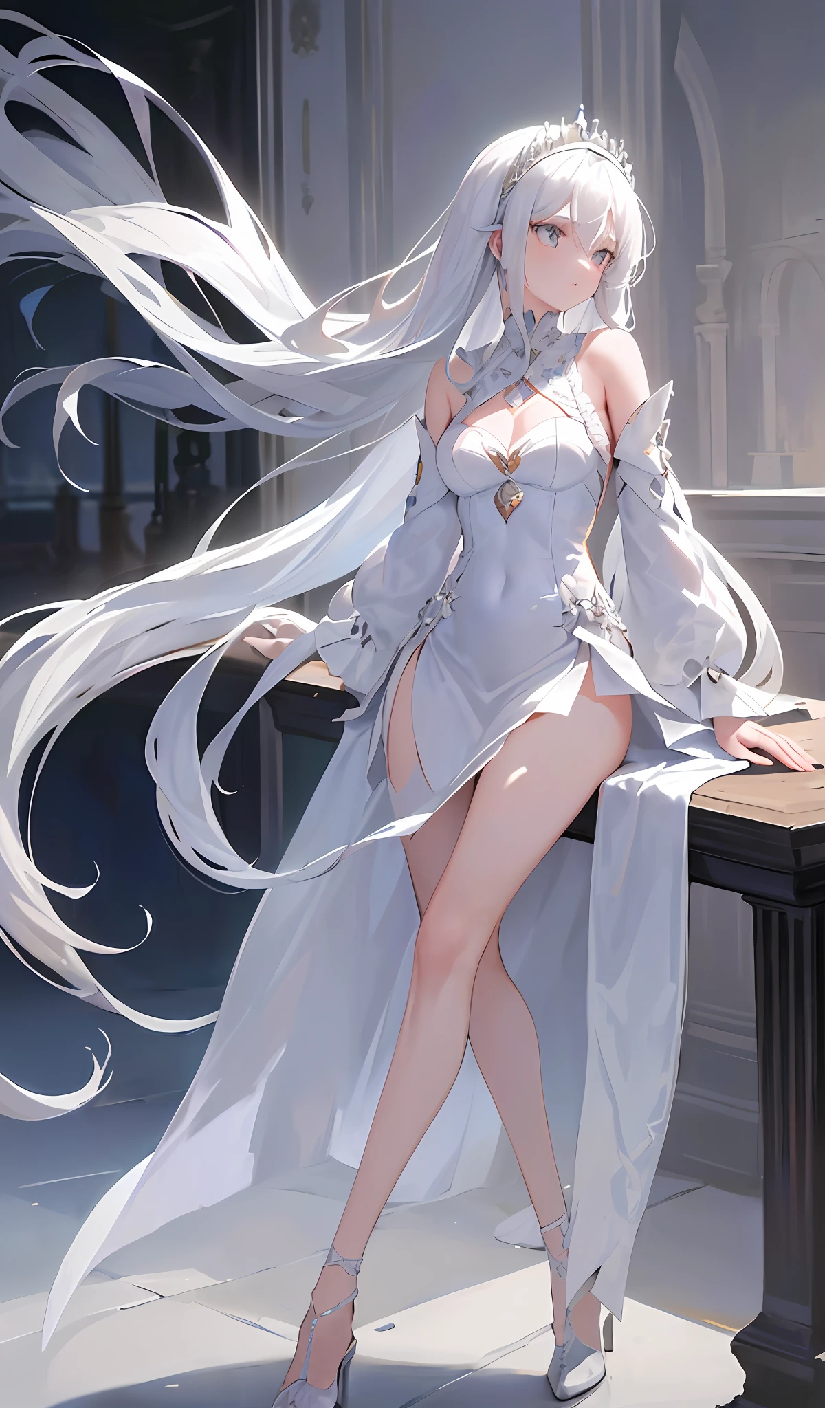 "((1 girl), (long white hair + silver hair: 1.2), (royal sister + beautiful clothes), beautiful perfect, white dress, pixiv goddess, seduction), (dynamic pose on the table), (cute), (unknown background), high resolution, half exposed"