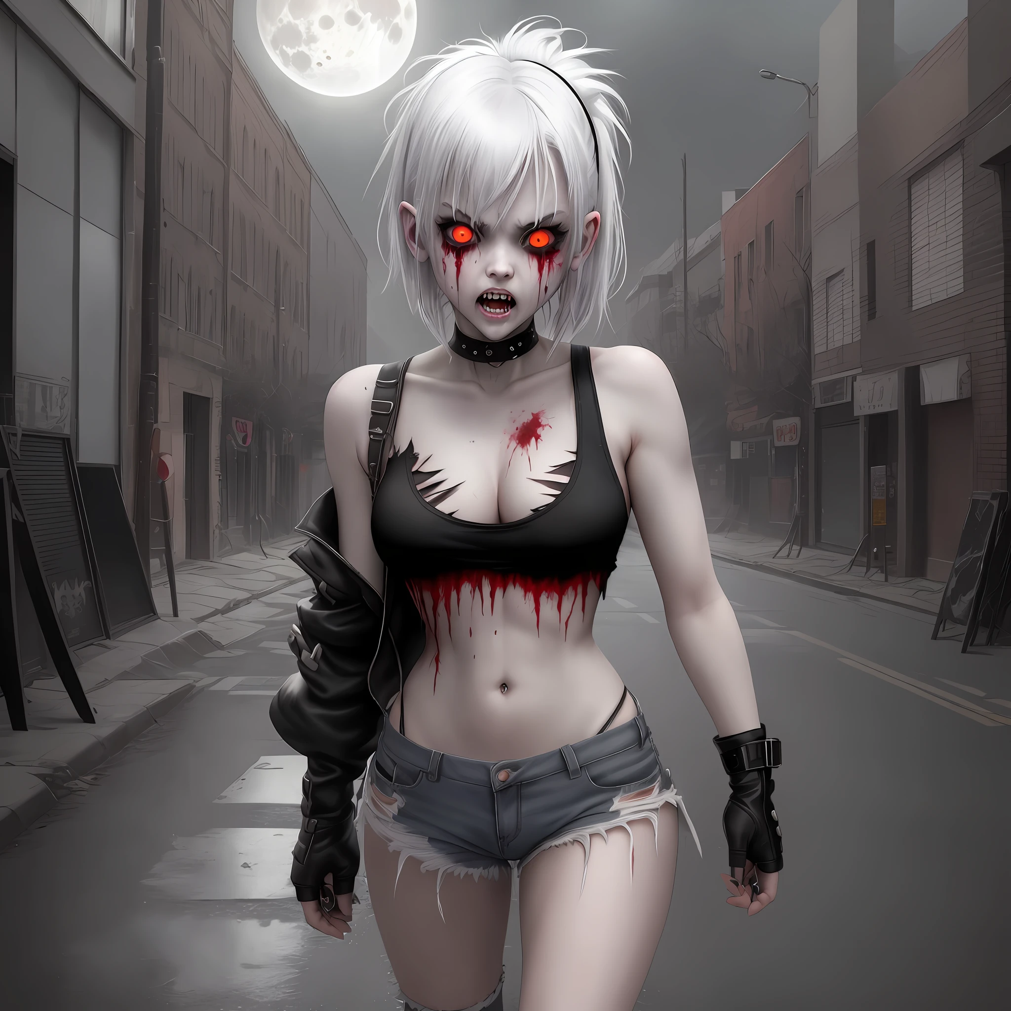 zombiegirl, full body, solo, white hair, totally white eyes, aggressive face, facial expression of horror, torn tank top, shor ripped jeans,night, short boot, deserted street, full moon, raining, vampire teeth, torn clothing, blood all over the body, masterpiece, high resolution, best quality, super detail, intricate detailes, colorful