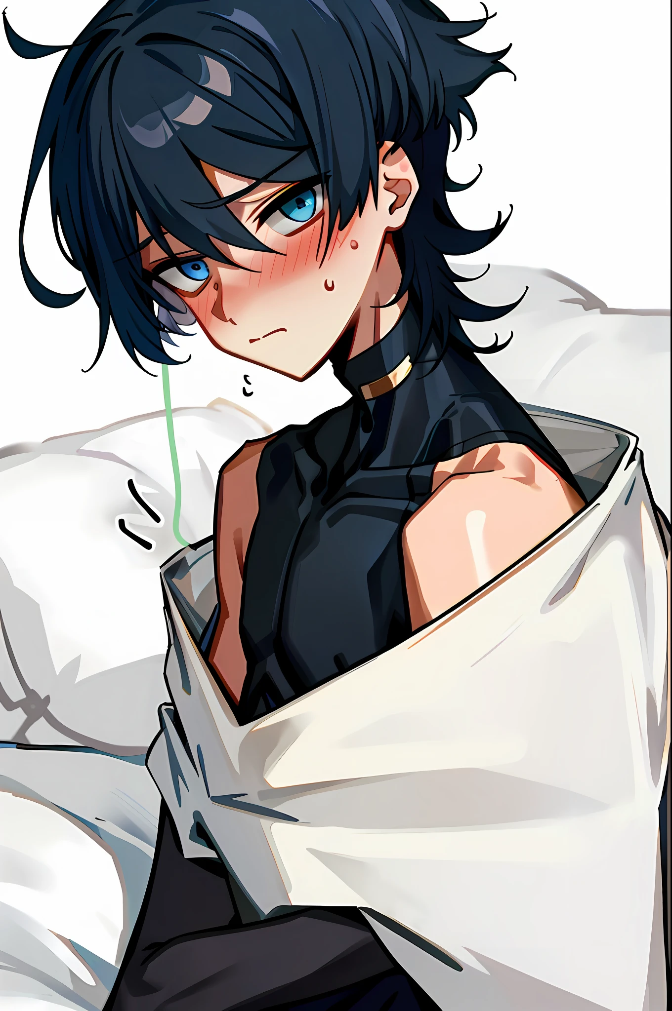 Wanderer, 1male, solo, short_hair, blush, (blushing), simple_background, ((shy)), nervous, awkward, flustured, handsome, lying on a bed