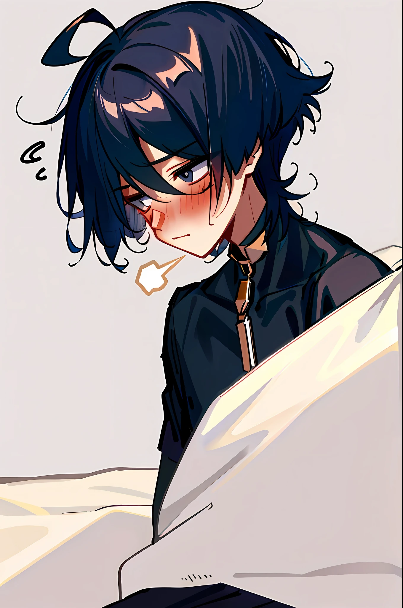 Wanderer, 1male, solo, short_hair, blush, (blushing), simple_background, ((shy)), nervous, awkward, flustured, handsome, lying on a bed