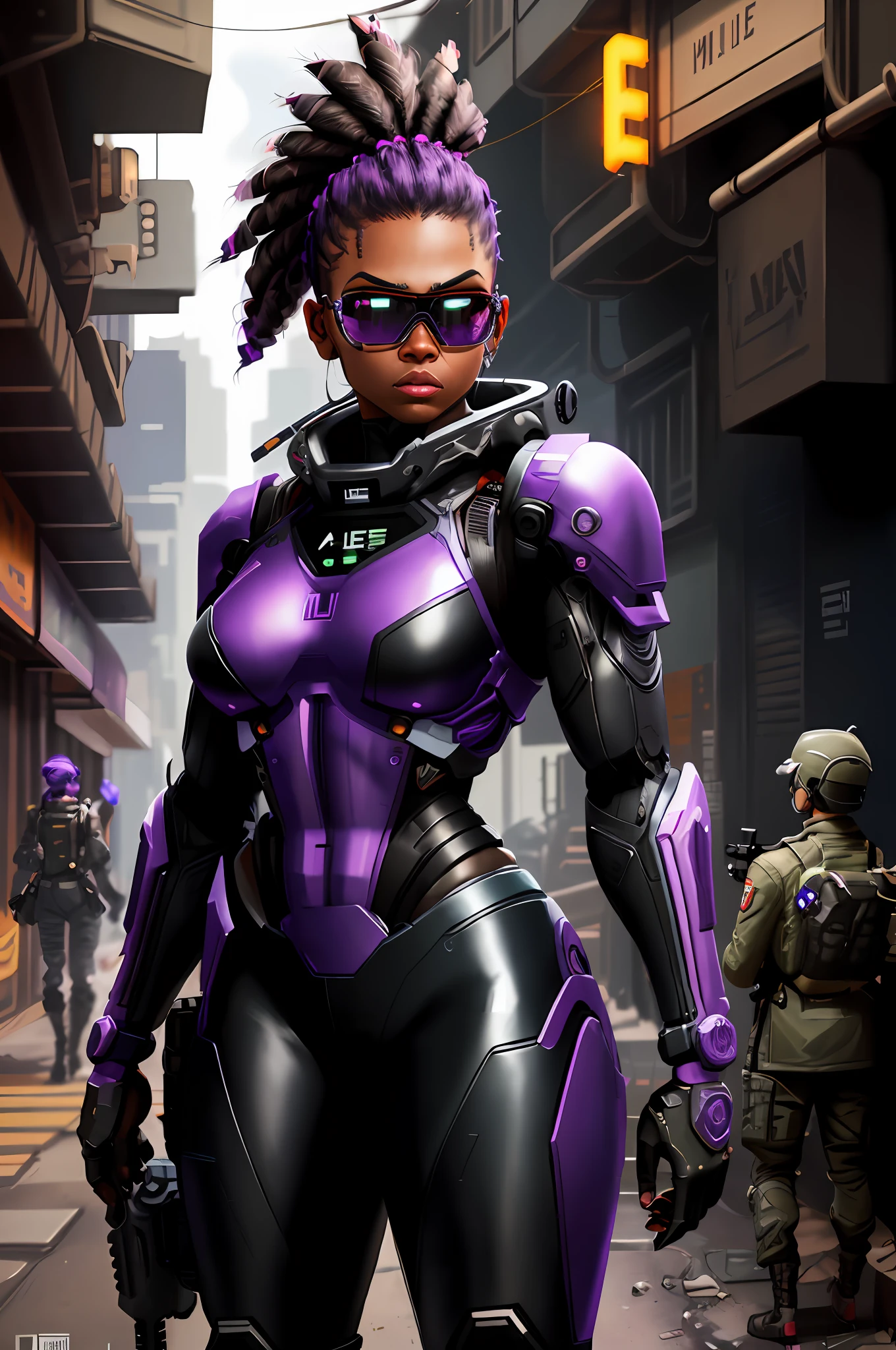 masterpiece, best quality, (solo), black adult woman (((muscles))), purple and black neon military nanotechnology suit, superior posture, holding a rifle resting on the shoulder, dim light, Bangalore_\(legends of the apex\), sunglasses, brown mohawk hair, apex legends style, headwear, (science_fiction), outdoor, street, neon lights, cyberpunk, military suits,