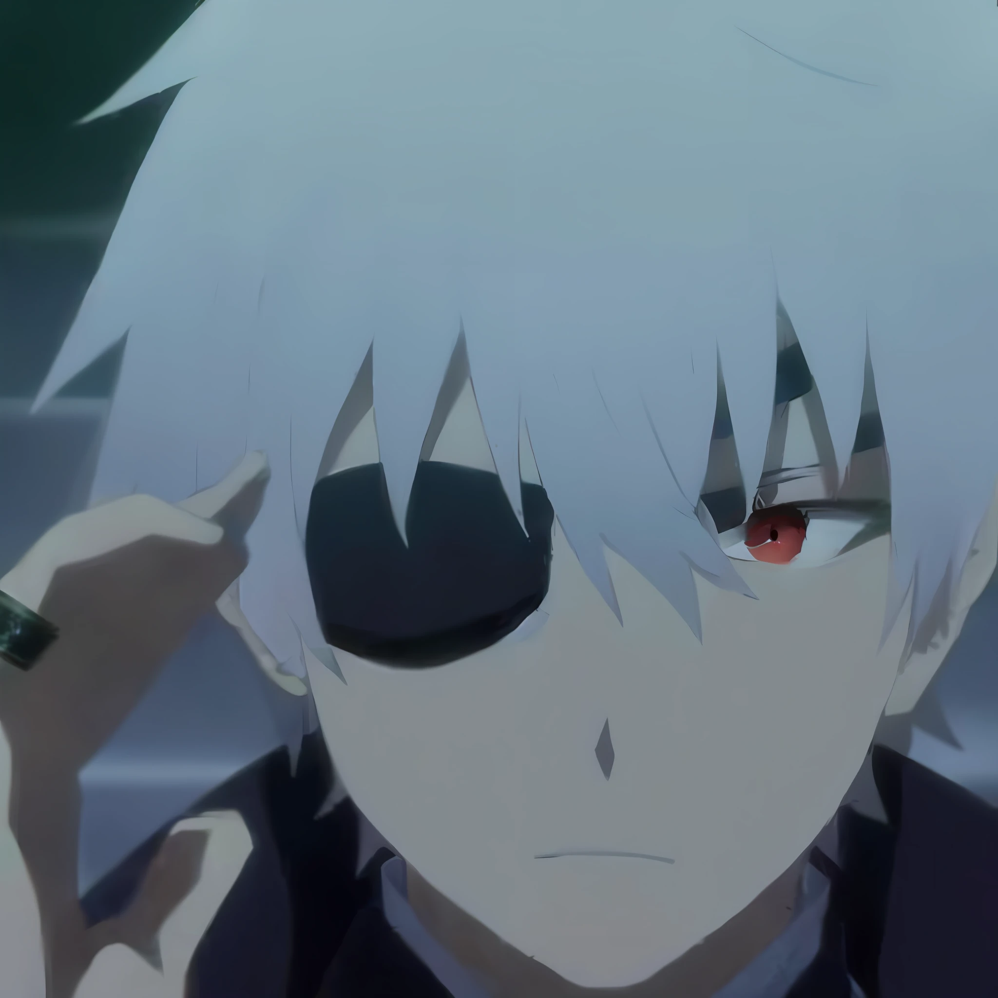 anime character with white hair and black eye patch talking on cell phone, ginko showing a new mushi, he wears an eyepatch, today's featured anime still, wearing an eyepatch, still from anime, in the anime film, ken kaneki, screenshot from a 2012s anime, kaneki ken, eyepatch, still from tv anime