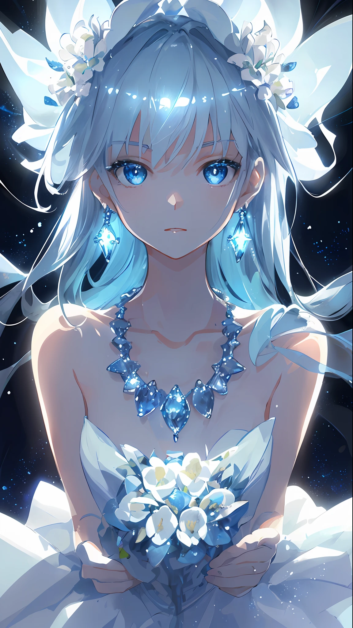 masterpiece, best quality, illustration, sax blue, platinum earrings, platinum necklace, white dress, 1girl, cute, (dynamic lighting:1.2), cinematic lighting, delicate facial features, detailed eyes, sharp pupils, realistic pupils, depth of field, bokeh, sharp focus, (hyper-detailed, bloom, glow:1.4), many small gems