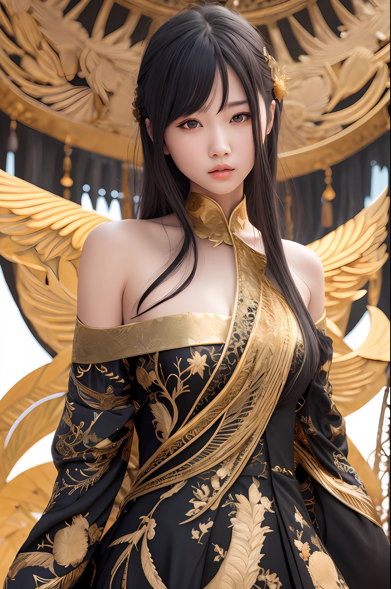 best quality, ultra-detailed, masterpiece, finely detail, highres, 8k wallpaper, Realistic details, clothing details, skin details, photoshop \(medium\),Slim body,upper body, 1girl, 22 years old, beautiful eyes, real skin, fine face, bangs, long hair, black hair, blunt bangs, large breasts,Chinese style, rural, Distant mountain, sky, (ulzzang-6500-v1.1:0.5), Phoenix dress, Phoenix dress, gold, black, gold trim,bare shoulders, collarbone, dress