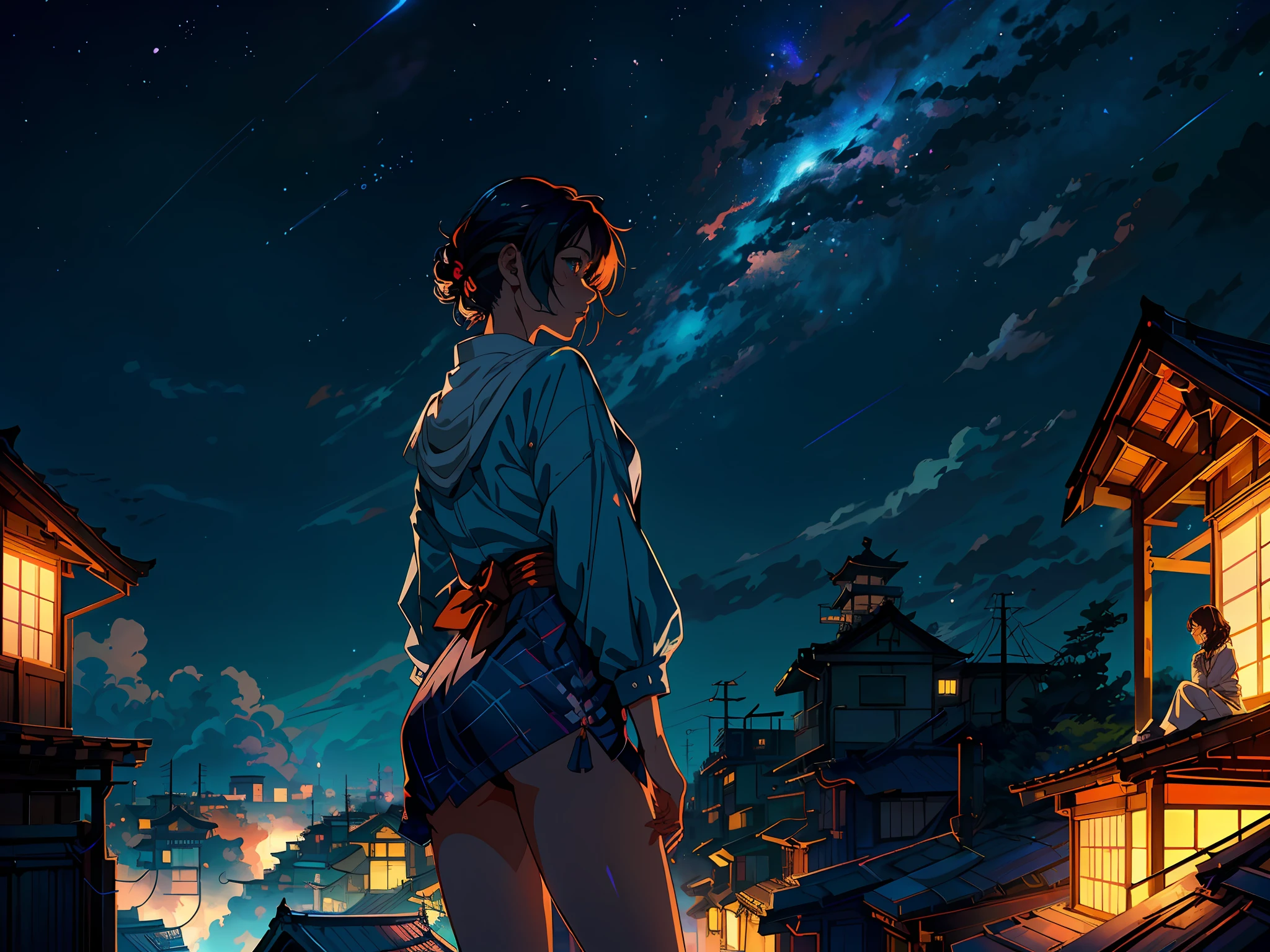 Realistic, real life, beautiful Cute Girl sitting on a roof looking down at a city below, extremely detailed by greg rutkowski makoto shinkai kyoto animation key art feminine mid shot, style of laurie greasley, studio ghibli, akira toriyama, james gilleard, genshin impact, trending pixiv fanbox, acrylic palette knife, 4k, vibrant colors, devinart, trending on artstation,octane render, bioluminescent,8K resolution concept art, realism,by Mappa studios,masterpiece,best quality,official art,illustration,ligne claire,(cool_color),perfect composition,absurdres, fantasy,focused,night, starry night, crescent moon, shooting stars