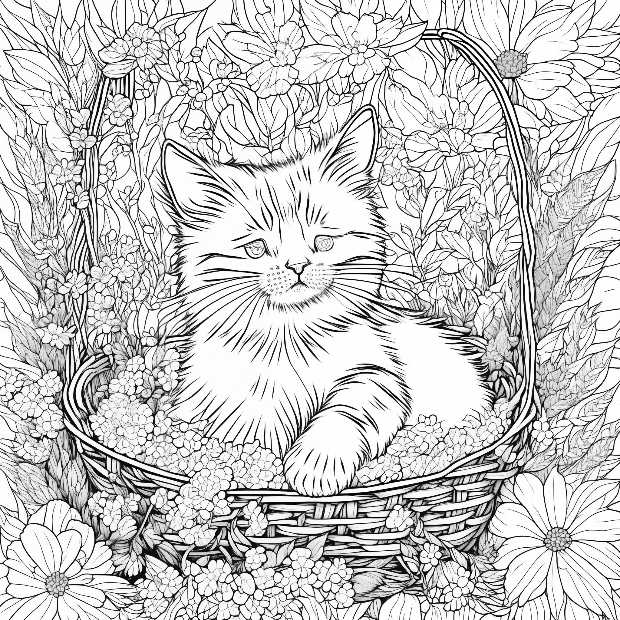 ((A cute little cat slepping in a basket)), intricate details, thin lines, simple, (white background), line art detailed, full page, on paper, black and white, flowers around, 8k resolution, coloring book for kids, perfecty anatomy, free lines,