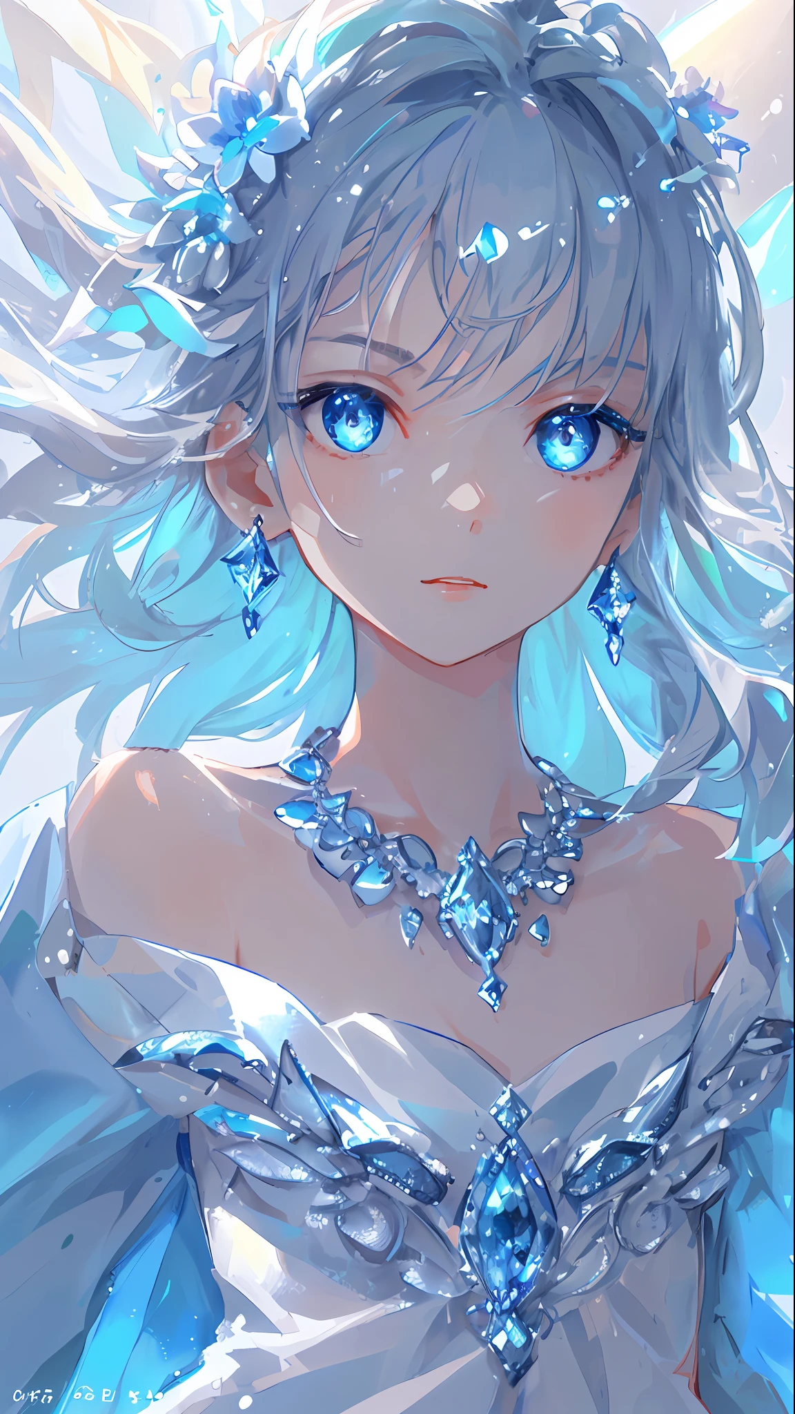 masterpiece, best quality, illustration, sax blue, platinum earrings, platinum necklace, white dress, 1girl, cute, (dynamic lighting:1.2), cinematic lighting, delicate facial features, detailed eyes, sharp pupils, realistic pupils, depth of field, bokeh, sharp focus, (hyper-detailed, bloom, glow:1.4), many small gems