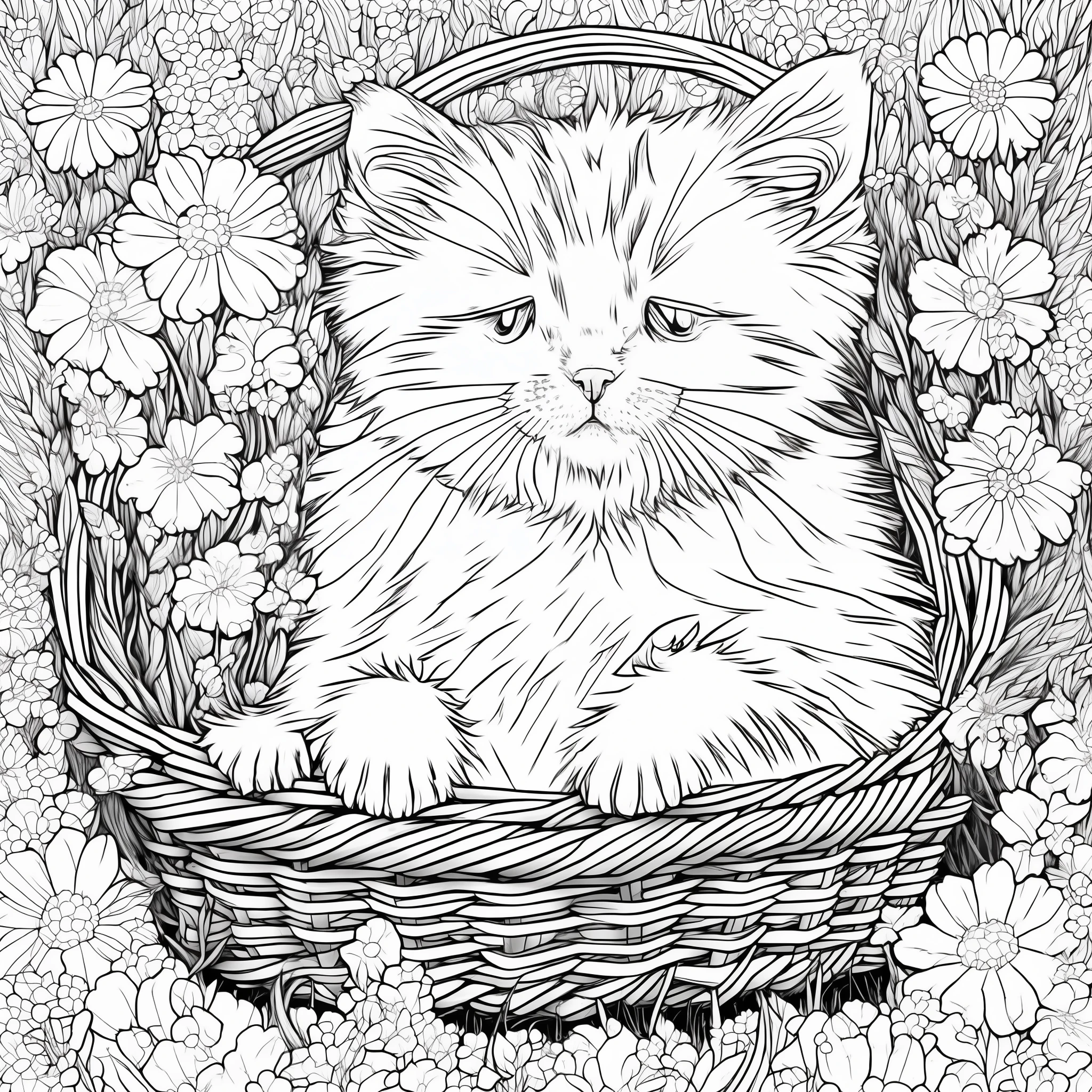 ((A cute little cat slepping in a basket)), intricate details, thin lines, simple, (white background), line art detailed, full page, on paper, black and white, flowers around, 8k resolution, coloring book for kids, perfecty anatomy, free lines,