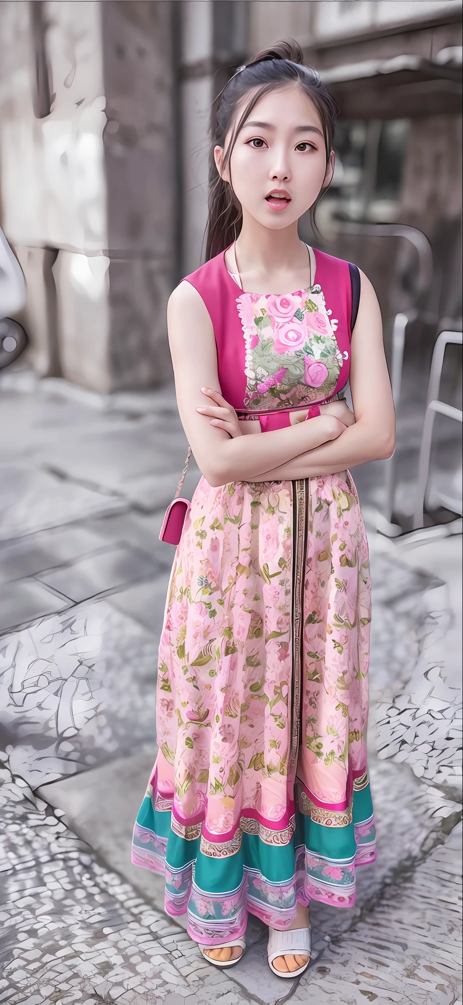 Arad asian girl standing on sidewalk in dress, long skirt, idyan dress, long skirt woman, wearing pink dress, dress, dress, dress, summer dress, long skirt, pink floral chidton, looks cute, wears pink flower dress, Chinese dress, wears long fluent clothes, high quality, (beautiful illustration: 1.4), (masterpiece: 1.0), (best quality: 1.4), (Ultra height: 1.2), (Realistic: 1.4), (8k, RAW photo: 1.2), (Soft Focus: 1.4), (18 years old: 1.3), (Sharp Focus: 1.4), detailed beautiful face