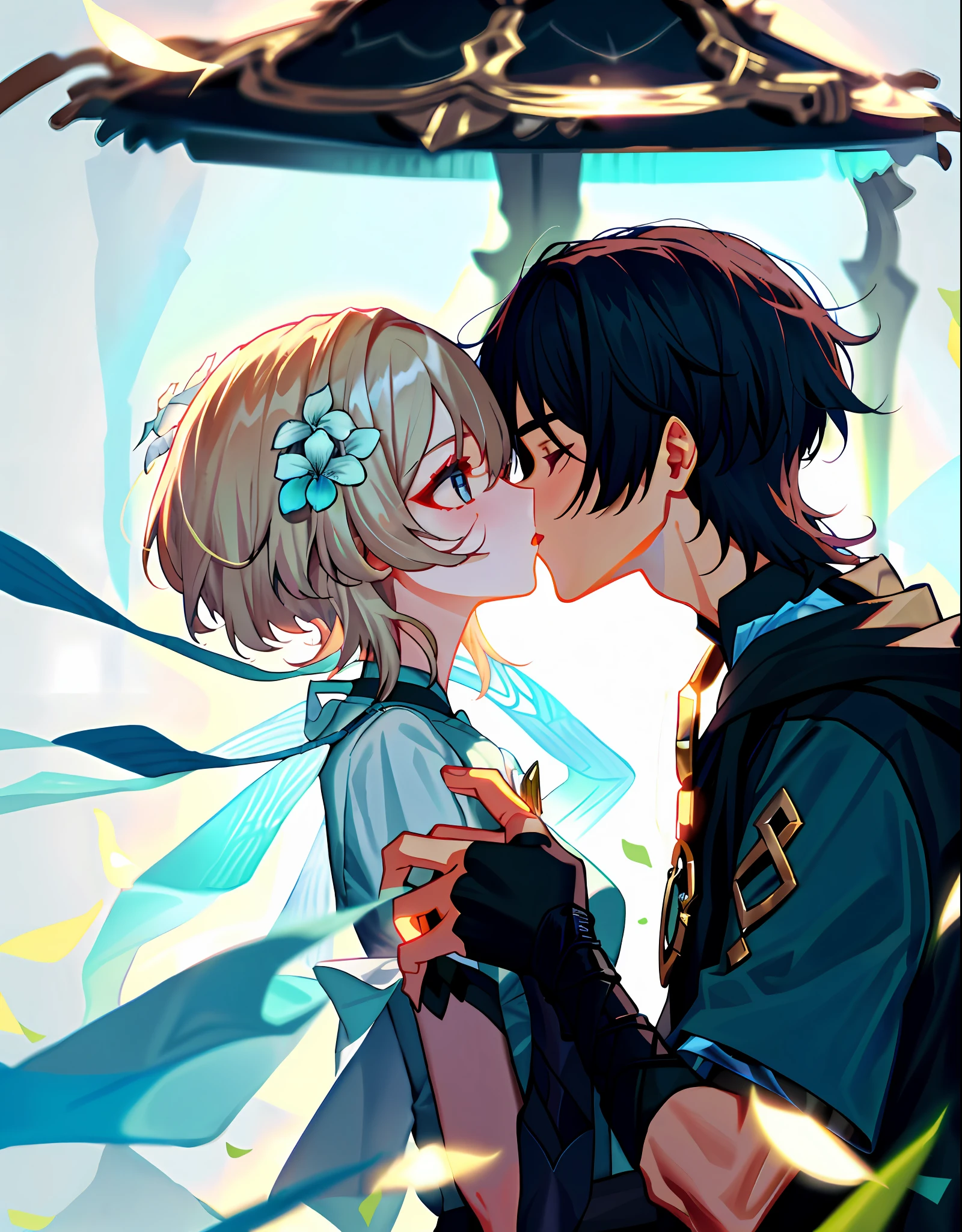 Wanderer and Lumine kissing, soft kiss, 1boy 1girl, cute, loving, peck, detailed faces, detailed hair