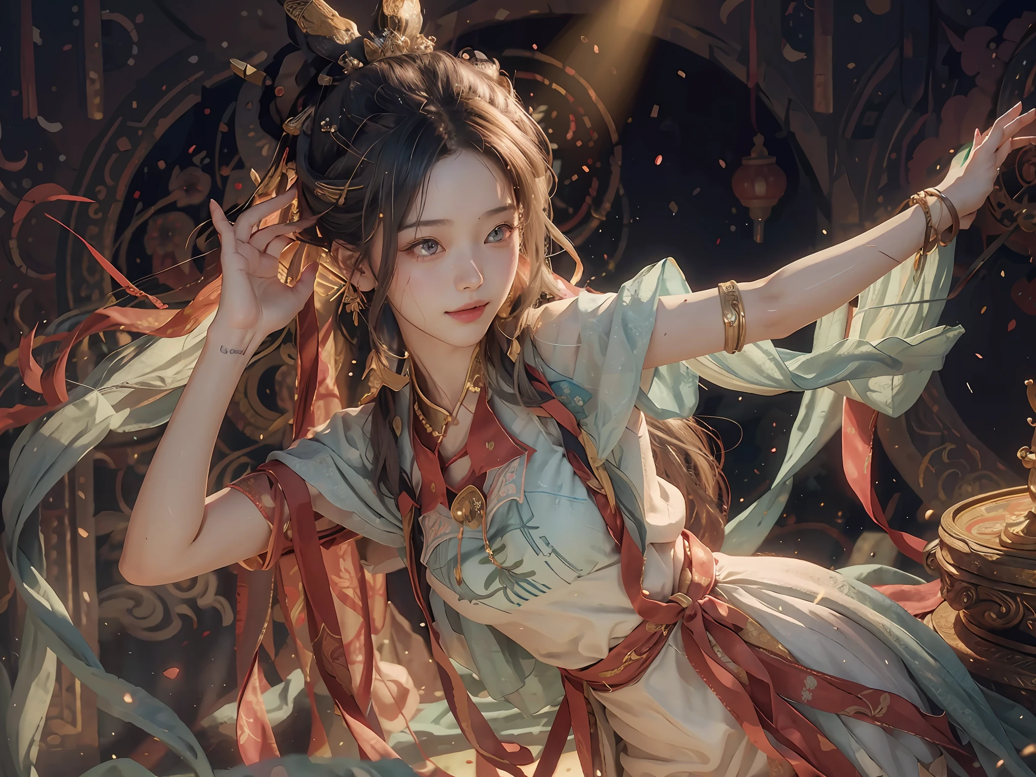 (RAW Photo, Best Quality), (Realistic, Photo Real: 1.3), Best Quality, Highly Detailed, Masterpiece, Ultra Detailed, Illustration, 1 Girl, upper_body, Dynamic Angle, World Mastery Theater, messy_long_hair, Best Quality, Extremely Detailed CG Unified 8k Wallpaper, Ink, Amazing, Sexy, Peach Blossom Eyes, Gray Hair, Smile, Movie Lighting, Movie Composition, lens_flare, dunhuang_style