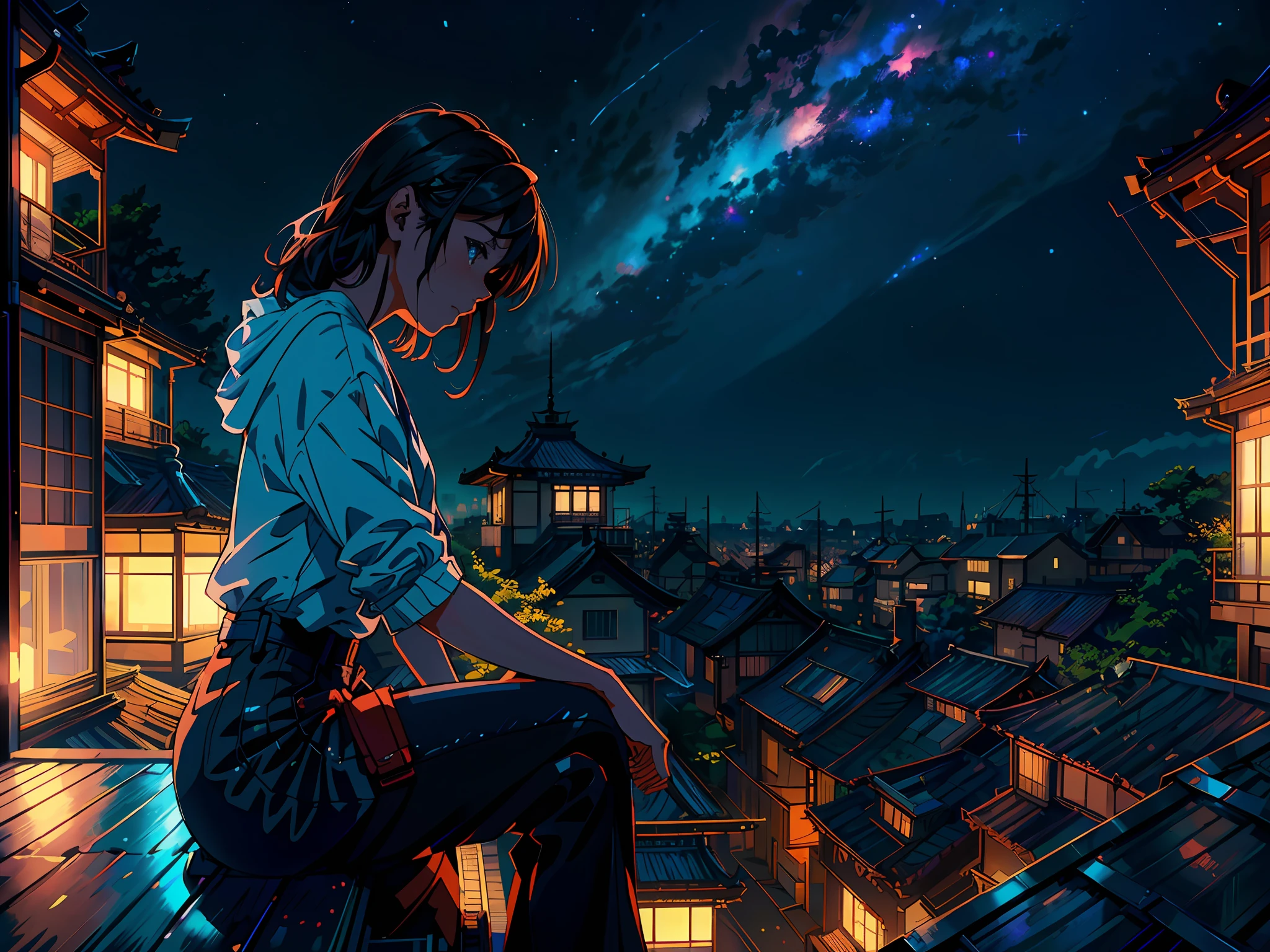 Realistic, real life, beautiful Cute Girl sitting on a roof looking down at a city below, extremely detailed by greg rutkowski makoto shinkai kyoto animation key art feminine mid shot, style of laurie greasley, studio ghibli, akira toriyama, james gilleard, genshin impact, trending pixiv fanbox, acrylic palette knife, 4k, vibrant colors, devinart, trending on artstation,octane render, bioluminescent,8K resolution concept art, realism,by Mappa studios,masterpiece,best quality,official art,illustration,ligne claire,(cool_color),perfect composition,absurdres, fantasy,focused,night, starry night, crescent moon, shooting stars