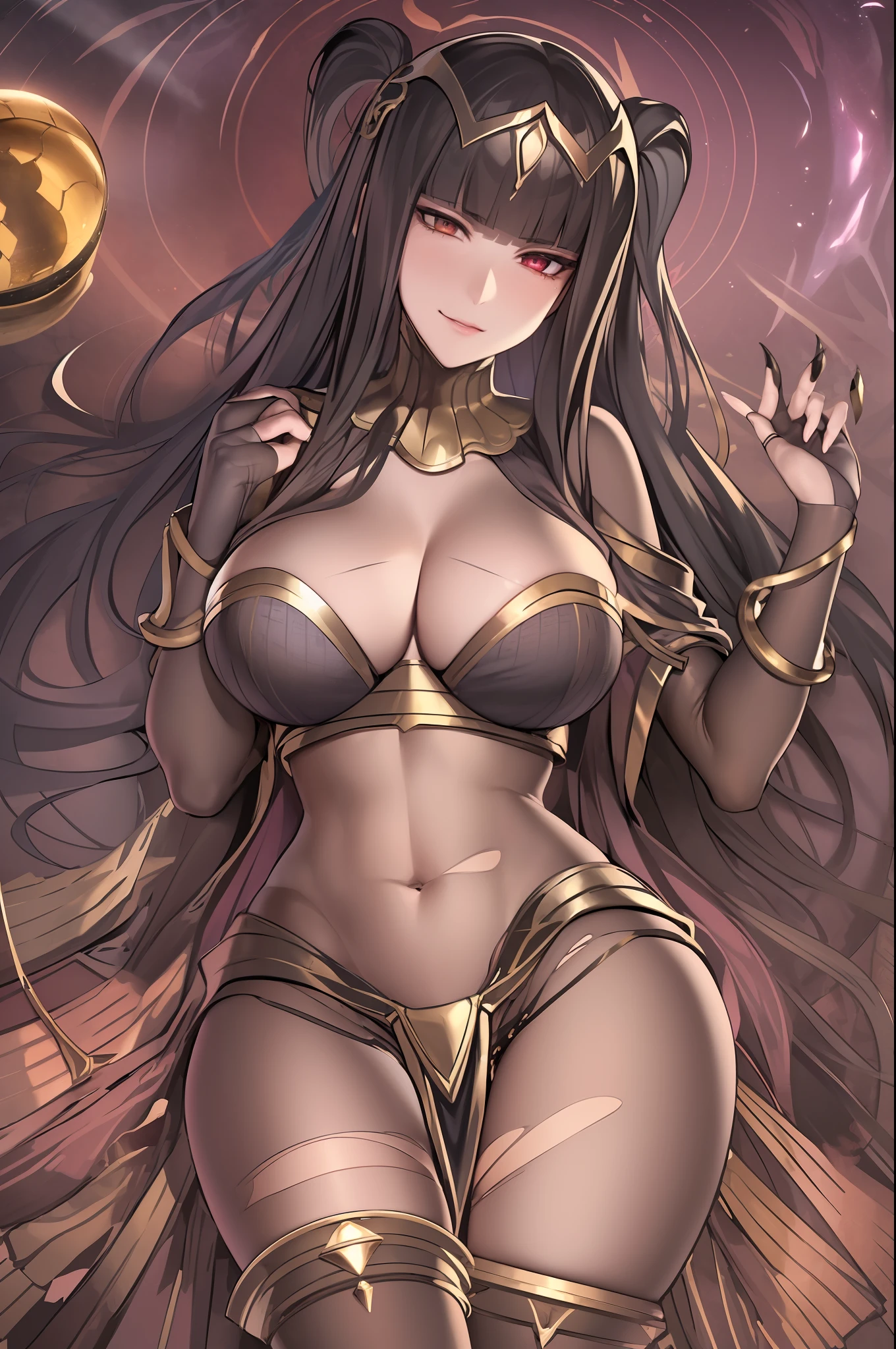 ((extreme detail)),(ultra-detailed), extremely detailed CG  3d unity 8k wallpaper, tharja, (large breasts), gold loincloth, gold-lined bodystocking, gold hairband, gold collar, holding book, ((torn clothes)), lying, hand to own chin, looking at viewer, ((dark aura)), (dark energy), (black magic), evil smile, wide hips,