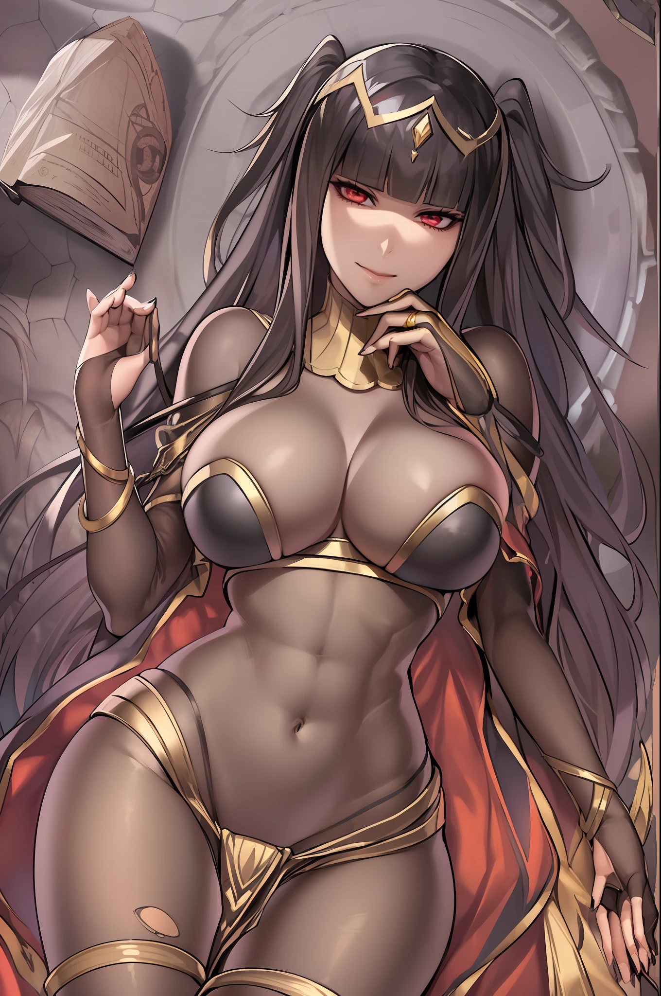((extreme detail)),(ultra-detailed), extremely detailed CG 3d unity 8k wallpaper, tharja, (large breasts), gold loincloth, gold-lined bodystocking, gold hairband, gold collar, holding book, ((torn clothes)), lying, hand to own chin, looking at viewer, ((dark aura)), (dark energy), (black magic), evil smile, wide hips,