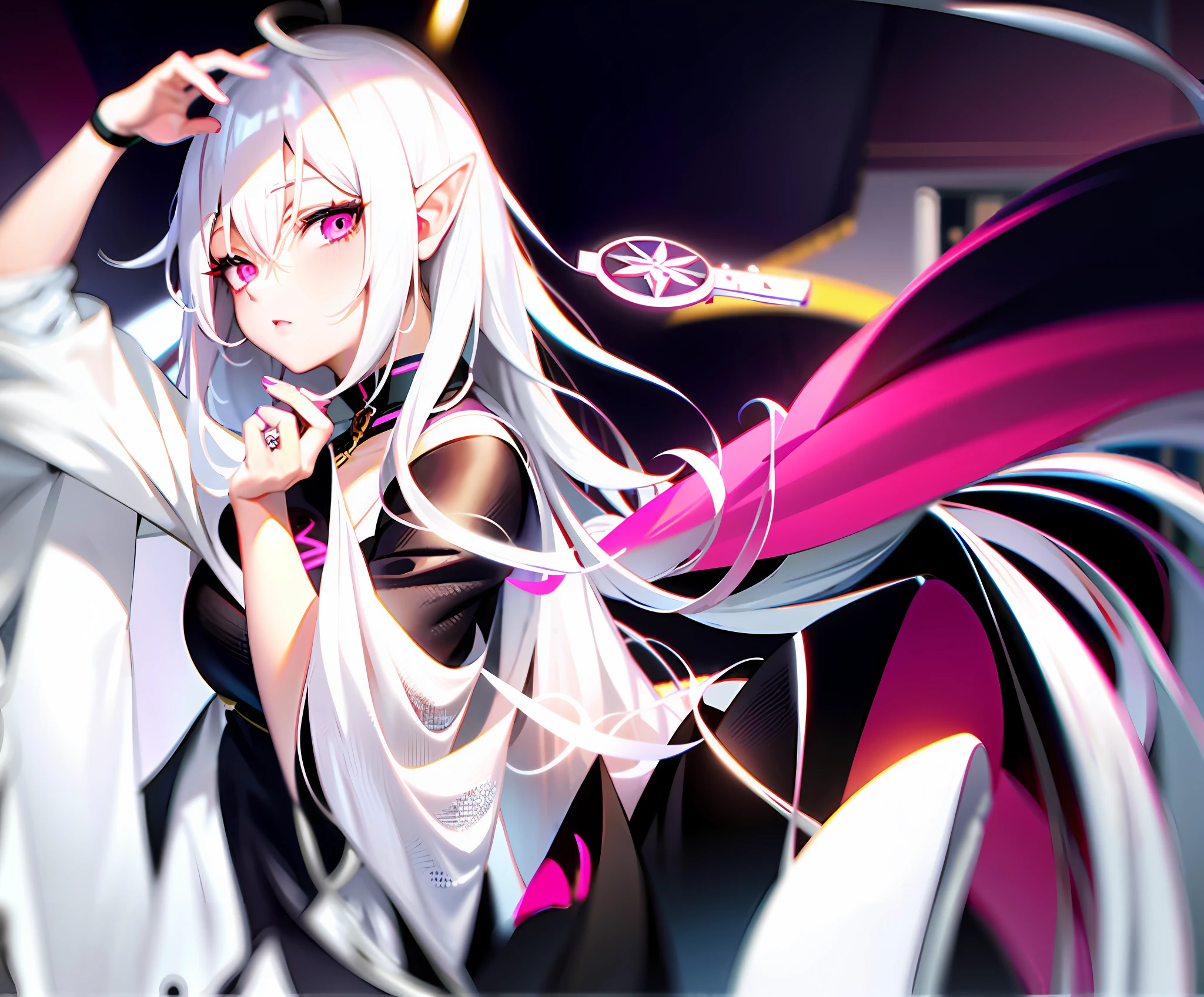 Anime girl with long white hair and pink eyes, god with white hair, white hair, white hair, tsuaii, official artwork, lady with white hair, anime cover, official art, key anime art, girl with white hair, pink delicate eyes, cyberpunk clothes, elf girl, summer wallpaper, HD details, best quality, lying on the ground