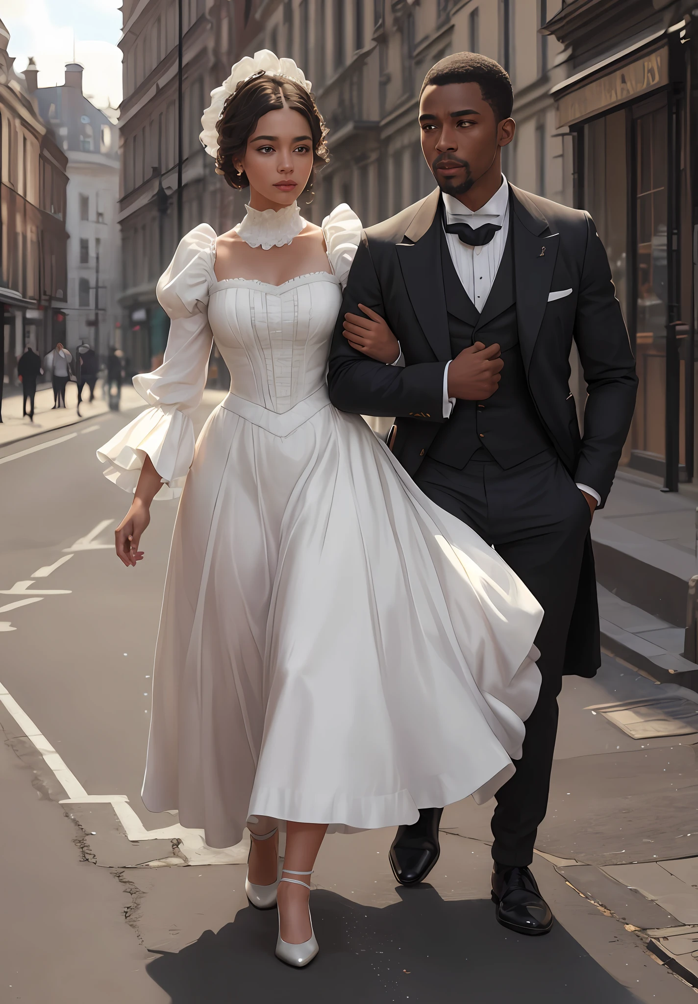 (full body, (dynamic pose)), (rim lighting, studio lighting, bloom), a black gentleman, victorian era walking down the london street with a pretty lady, hands above her head, white dress
 (masterpiece:1.2) (photorealistic:1.2) (bokeh) (best quality) (detailed skin:1.3) (8k) (detailed eyes) (sharp focus)