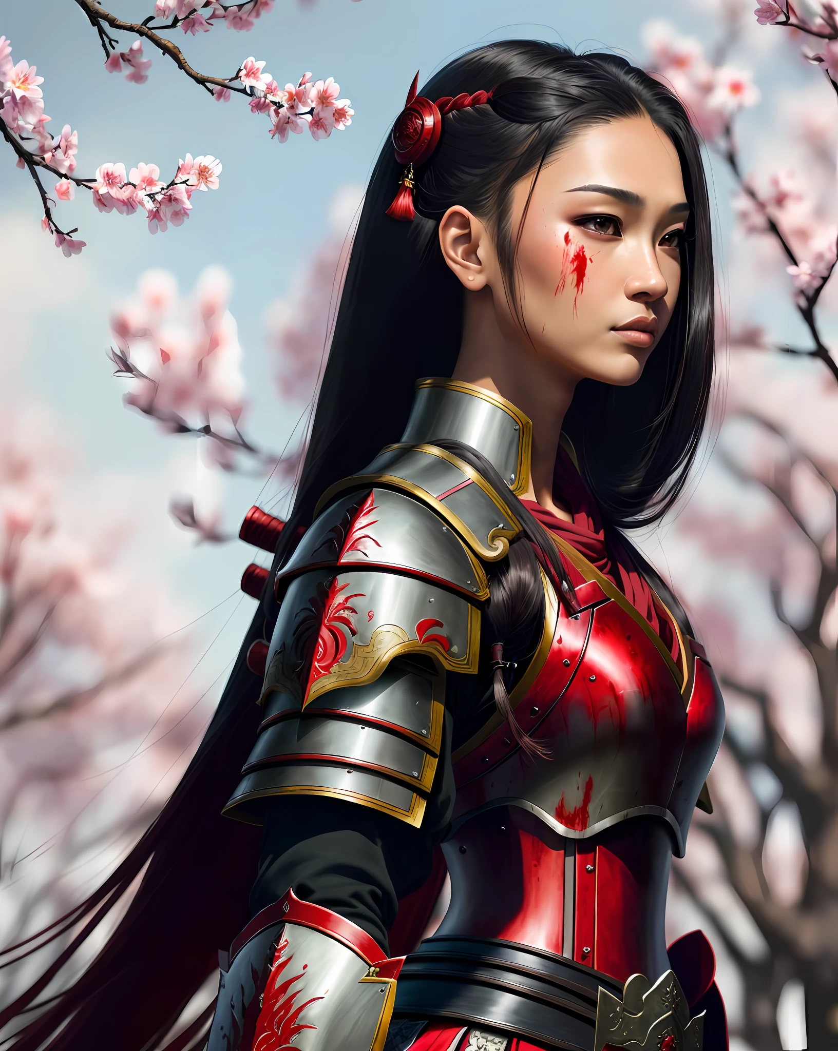 ((8k portrait of beautiful mixed Asian woman, side profile, masterpice, side lighting)), long hair, detailed light samurai armor, (((blood red armor, black interior)), cinematic lighting, cherry blossoms, ashes, melancholy, award-winning photography, Popular on Deviant Art, Best of ArtStation, by WLOP, outdoor, oriental lighting((8k portrait of beautiful mixed Asian woman,  side profile, masterpice, side lighting)), long hair, detailed light samurai armor, ((blood red armor, black interior)), cinematic lighting, cherry blossoms, grays, melancholy, award-winning photography, Popular on Deviant Art, Best of ArtStation, by WLOP, outdoors, spears into hands fleshy lips sexy pink brown eyes