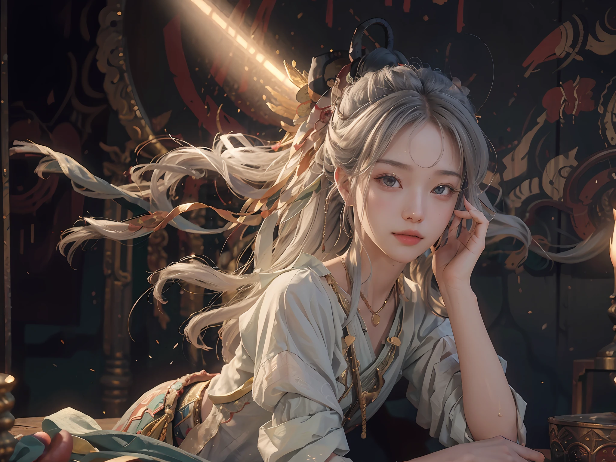 (RAW Photo, Best Quality), (Realistic, Photo Real: 1.3), Best Quality, Highly Detailed, Masterpiece, Ultra Detailed, Illustration, 1 Girl, upper_body, Dynamic Angle, World Mastery Theater, messy_long_hair, Best Quality, Extremely Detailed CG Unified 8k Wallpaper, Ink, Amazing, Sexy, Peach Blossom Eyes, Gray Hair, Smile, Movie Lighting, Epic Composition, lens_flare, dunhuang_style