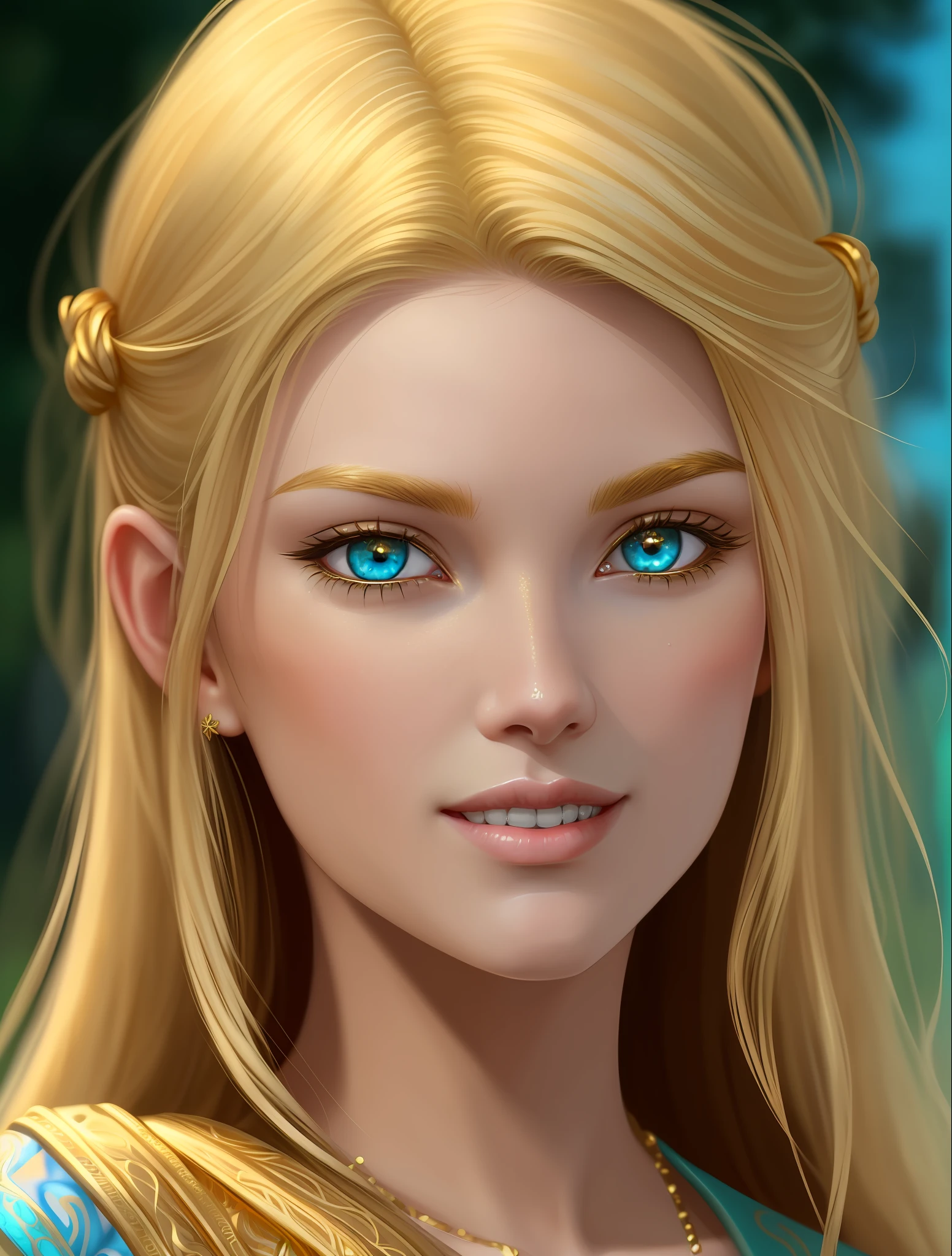 ((best quality)), ((masterpiece)), stunning young girl, ((golden hair)), turquois eyes, majestic, goddess, only face, detailed skin intricate details, highly detailed, sharp focus, digital render, professional, 8k uhd, artstation, artgerm, close look, smile, grin, one face, frontal portrait