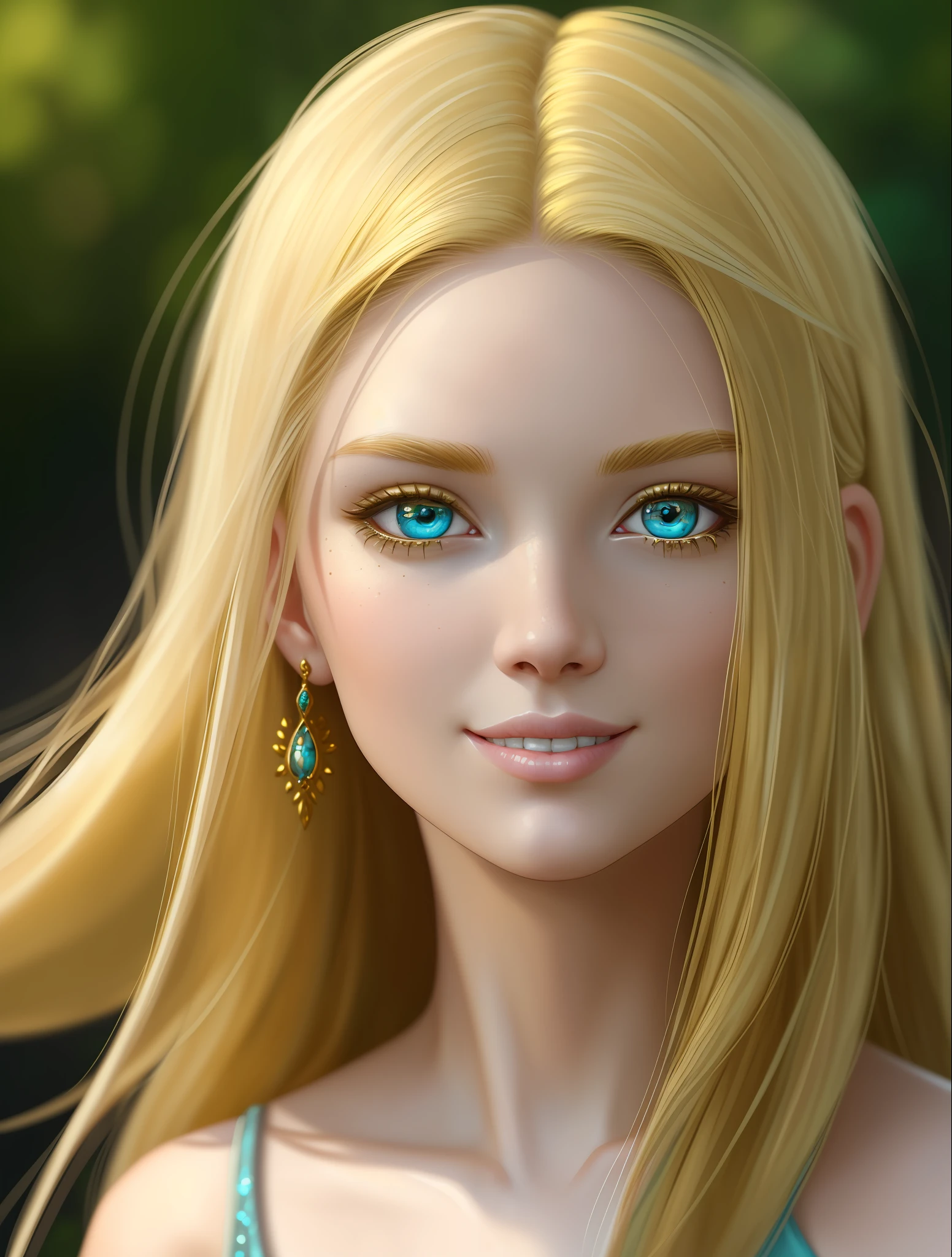 ((best quality)), ((masterpiece)), stunning young girl, ((golden hair)), turquois eyes, majestic, goddess, only face, detailed skin intricate details, highly detailed, sharp focus, digital render, professional, 8k uhd, artstation, artgerm, close look, smile, grin, one face, frontal portrait