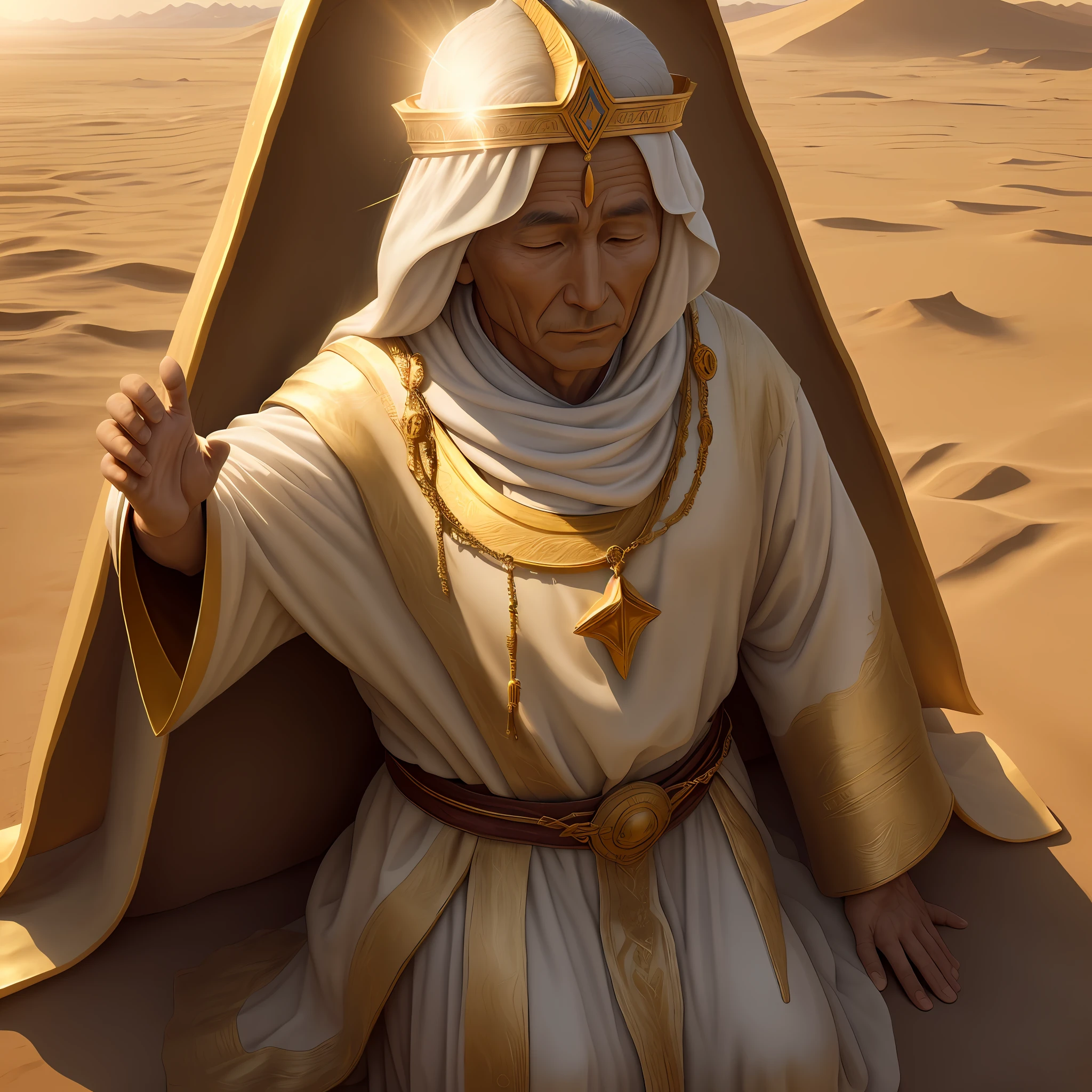 A wise man in the time of Moses raises his hands in blessing. Her hands radiate a golden light, symbolizing heavenly blessings. Even in an arid desert, your presence brings hope and faith. This image portrays a transcendent moment in history, where faith and divine guidance can guide humanity. (super realistic )(in 4k) (cinematic)