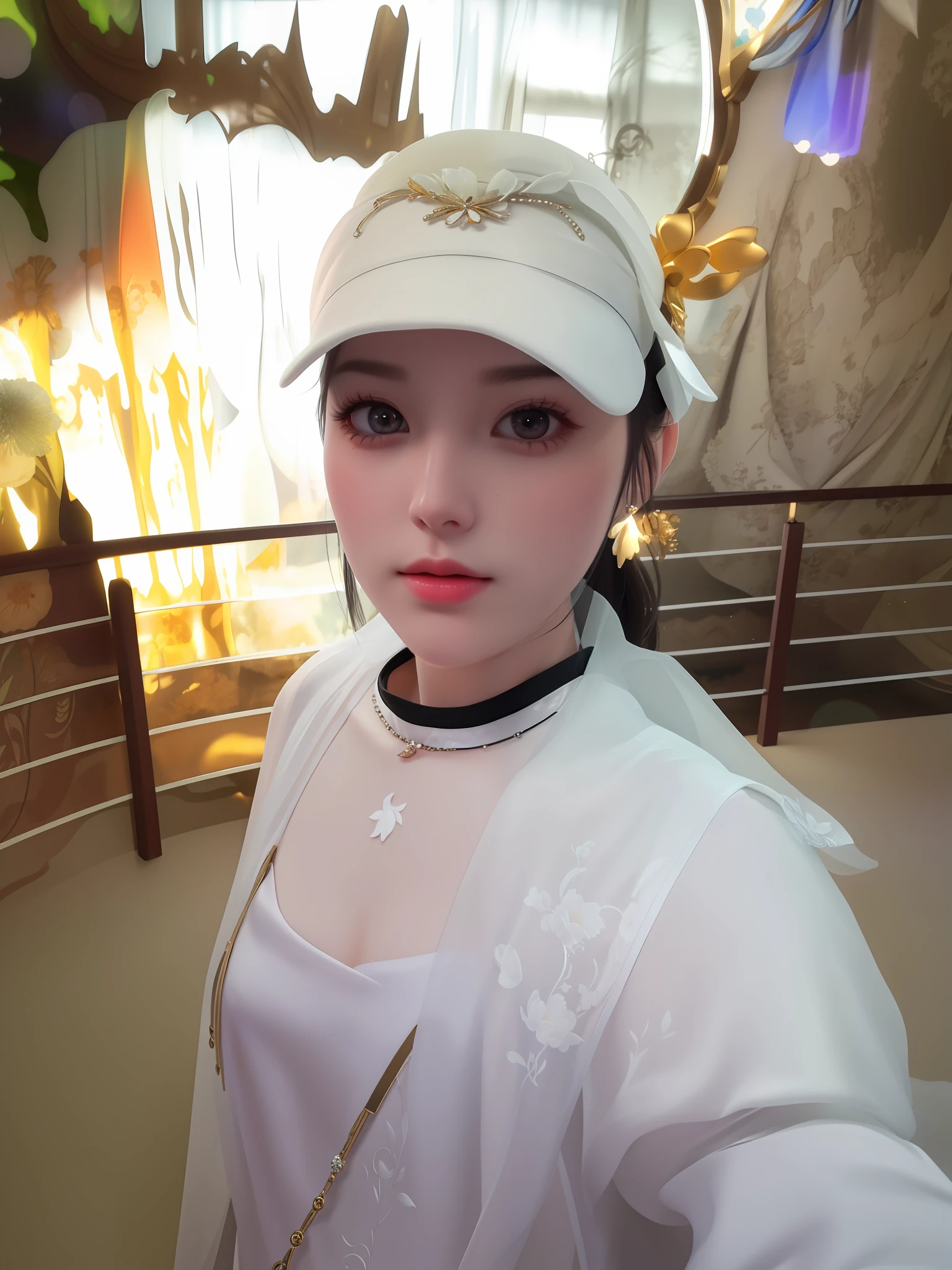 Best quality, masterpiece, high resolution, 1girl, porcelain dress, hair accessories, necklace, jewelry, beautiful face, on the body, Tyndall effect, realistic, dark studio, edge lighting, two-tone lighting, (high detail skin: 1.2), 8k UHD, dslr, soft light, high quality, volumetric light, candid, photo, high resolution, 4k, 8k, background blur,