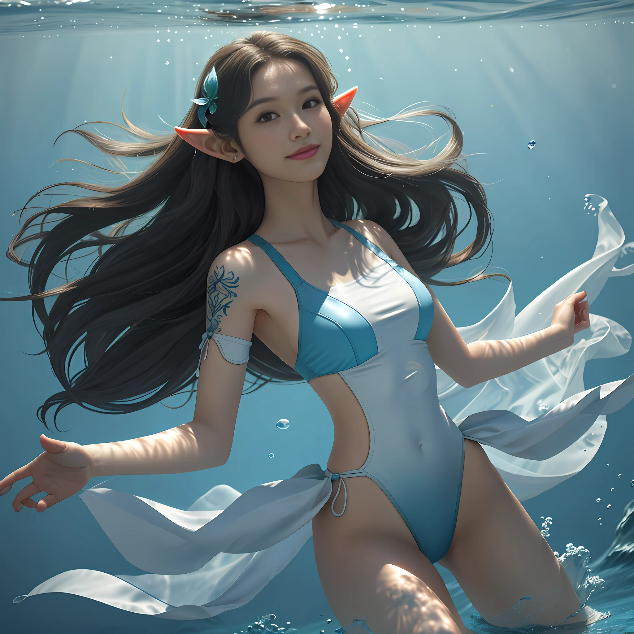 (Best Quality, Masterpiece: 1.4), (Realism: 1.2), (Absurdity: 1.2), 4K, Detailed, Ultra Detailed, Detailed Face, (Ultra Detailed Eyes: 1.2), Underwater, Beauty, Split Swimsuit, (Bare Back: 1.3), Smile, High Split End, Long Legs, Look Far, Front, Floating, Floating Long Black Hair, Point Ears, Elf Ears, Fantasy Tattoo