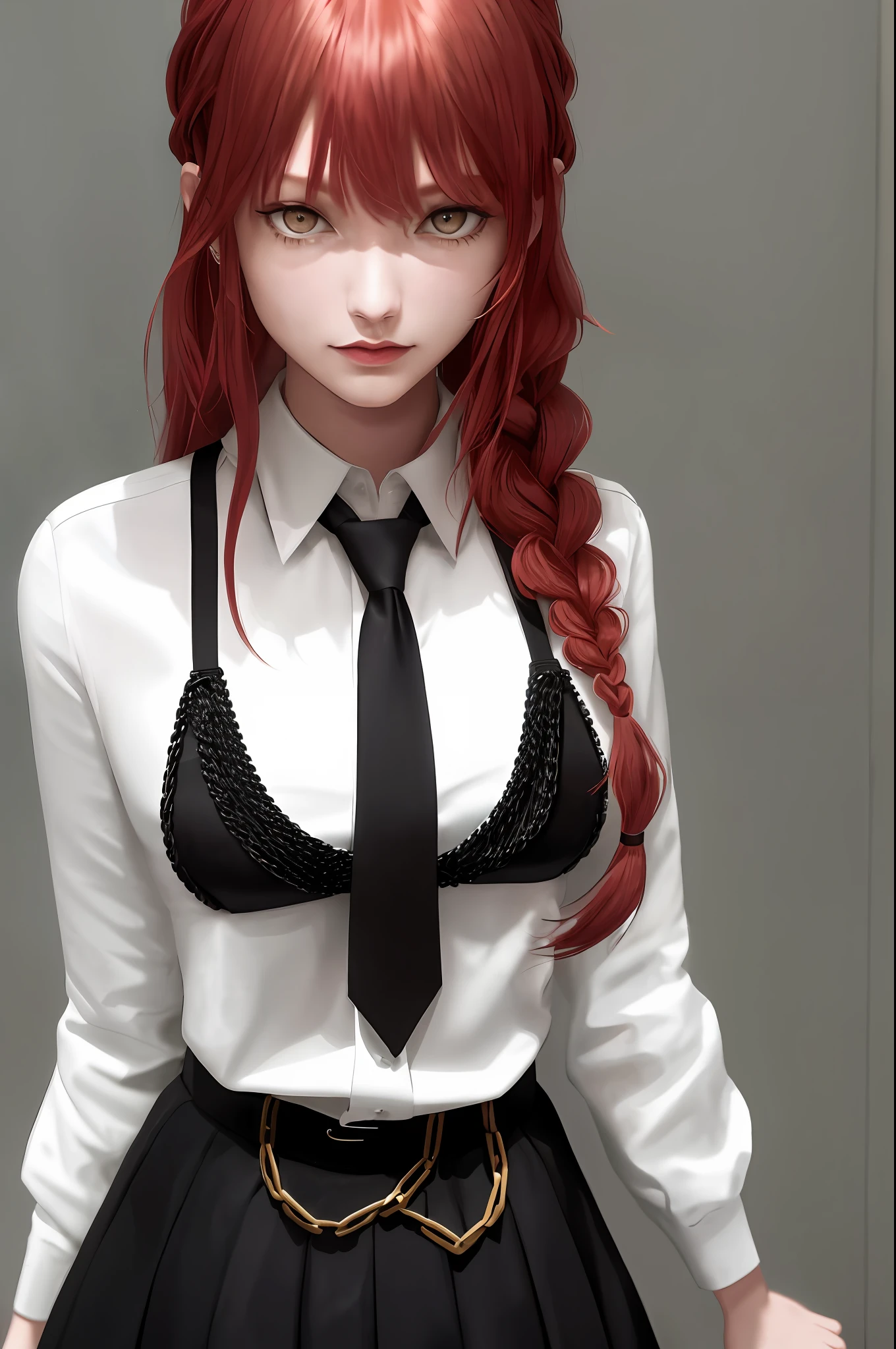 (masterpiece), (best quality), makima with Taylor Swift's face \ (chainsaw man\), best quality, ultra detailed, 1girl, solo, standing, red hair, long braided hair, golden eyes, bangs, medium breasts, tie, look, smile, (bad: 1.2), looking at the viewer, (interview: 1.3), (dark background, chains: 1.3) breasts out,