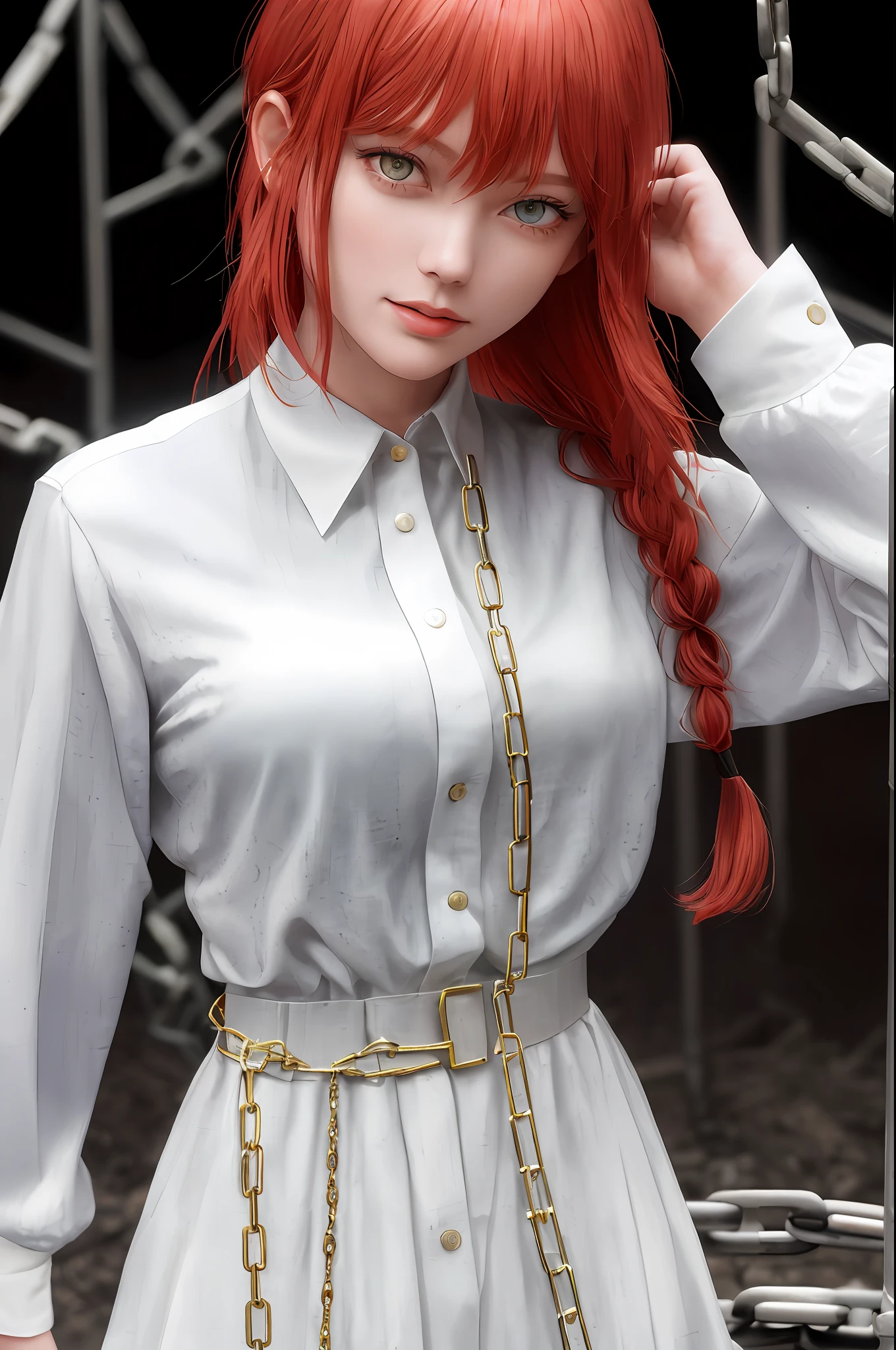 (masterpiece), (best quality), makima with Taylor Swift's face \ (chainsaw man\), best quality, ultra detailed, 1girl, solo, standing, red hair, long braided hair, golden eyes, bangs, medium breasts, tie, look, smile, (bad: 1.2), looking at the viewer, (interview: 1.3), (dark background, chains: 1.3) breasts out,