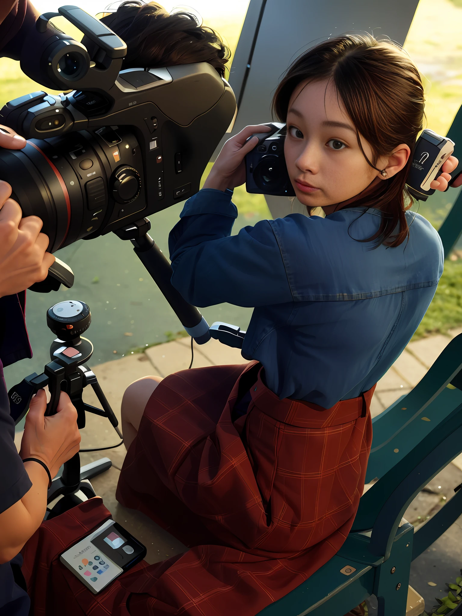 woman sitting on a bench with a camera and a laptop, behind the scenes photo, film shooting, production still, photoshoot, cinematography photo, film still dnd, film promotional still, on set, making of, film scene, soft light from the side, perfect cinematic light, morning lighting, soft warm light, behind the scenes, production photo, a young asian woman