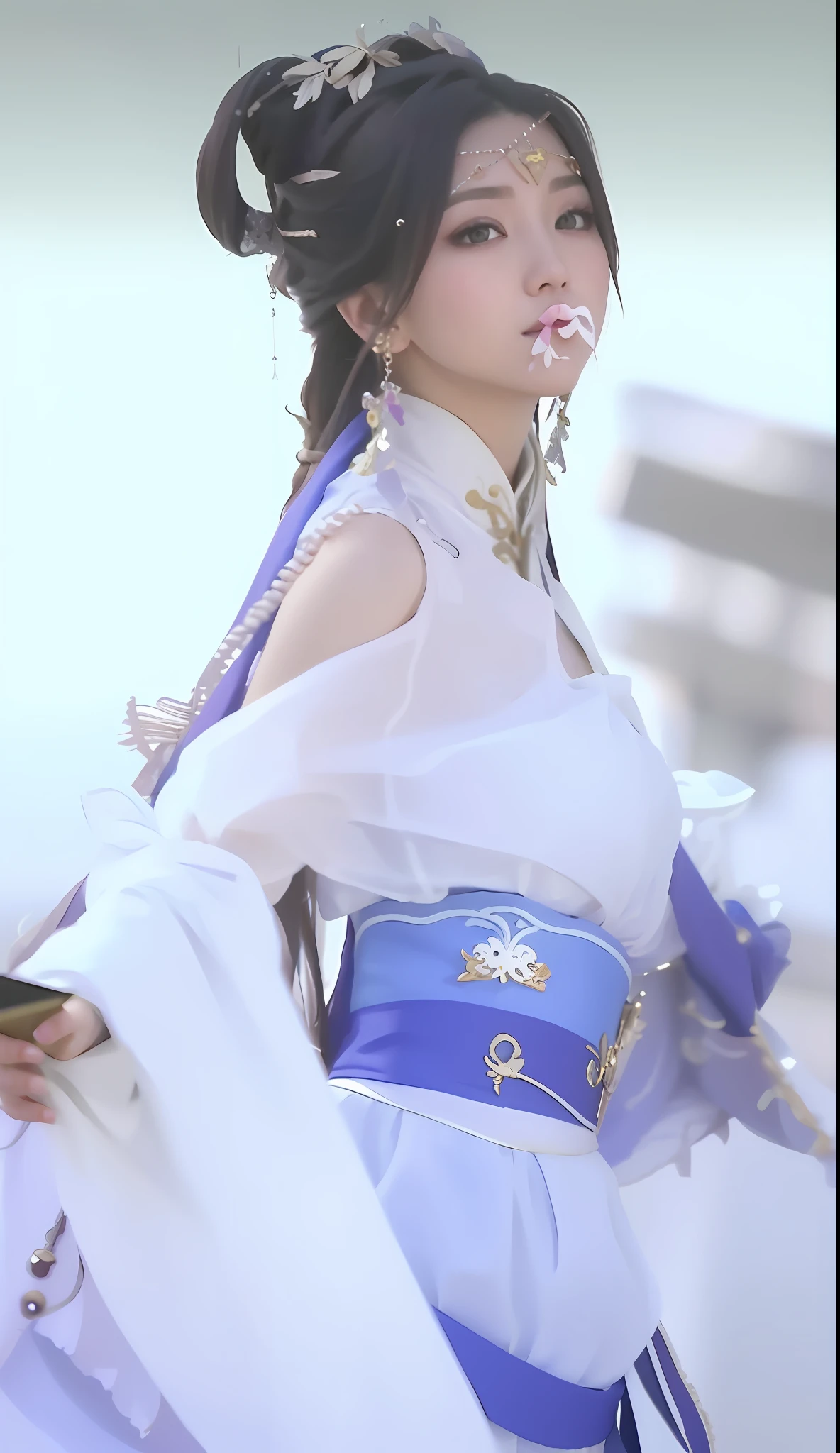 ulzzang-6500-v1.1, (raw photo: 1.2), (photorealistic: 1.4)) best quality, beautiful, beautiful, beautiful, extremely detailed, CG, unity,8k amazing wallpaper, beautiful detail, masterpiece, best quality, official art, very detailed CG unity 8k wallpaper, ridiculous, unbelievably ridiculous, huge file size, super detailed, high resolution, very detailed, beautiful detailed girl, very detailed eyes and face, beautiful detailed eyes, movie lighting, 1 girl, perspective, looking at the audience, full body, full body photo, outdoors, hands behind your back, (Hanfu)