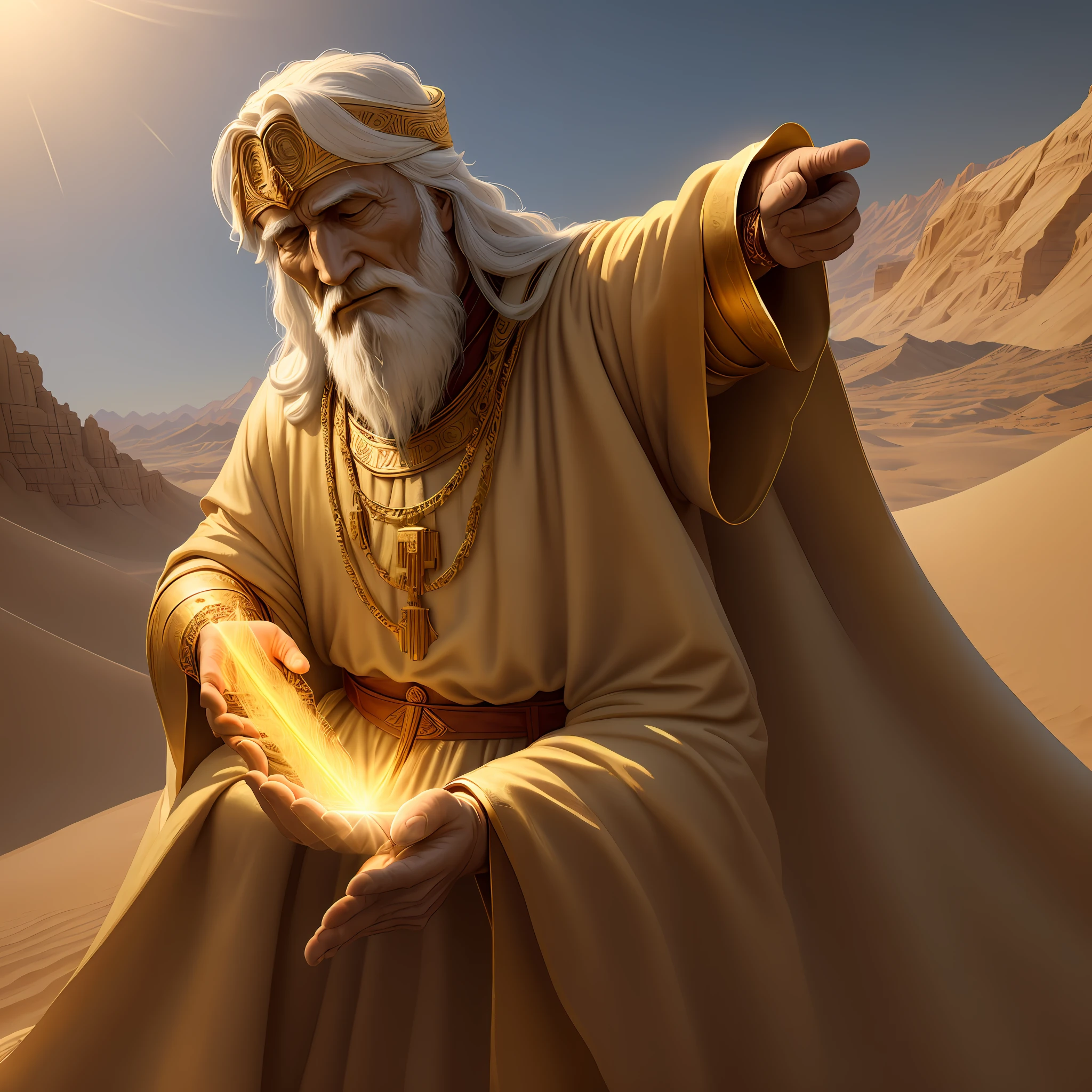 A wise man in the time of Moses raises his hands in blessing. Her hands radiate a golden light, symbolizing heavenly blessings. Even in an arid desert, your presence brings hope and faith. This image portrays a transcendent moment in history, where faith and divine guidance can guide humanity. (super realistic )(in 4k) (cinematic)