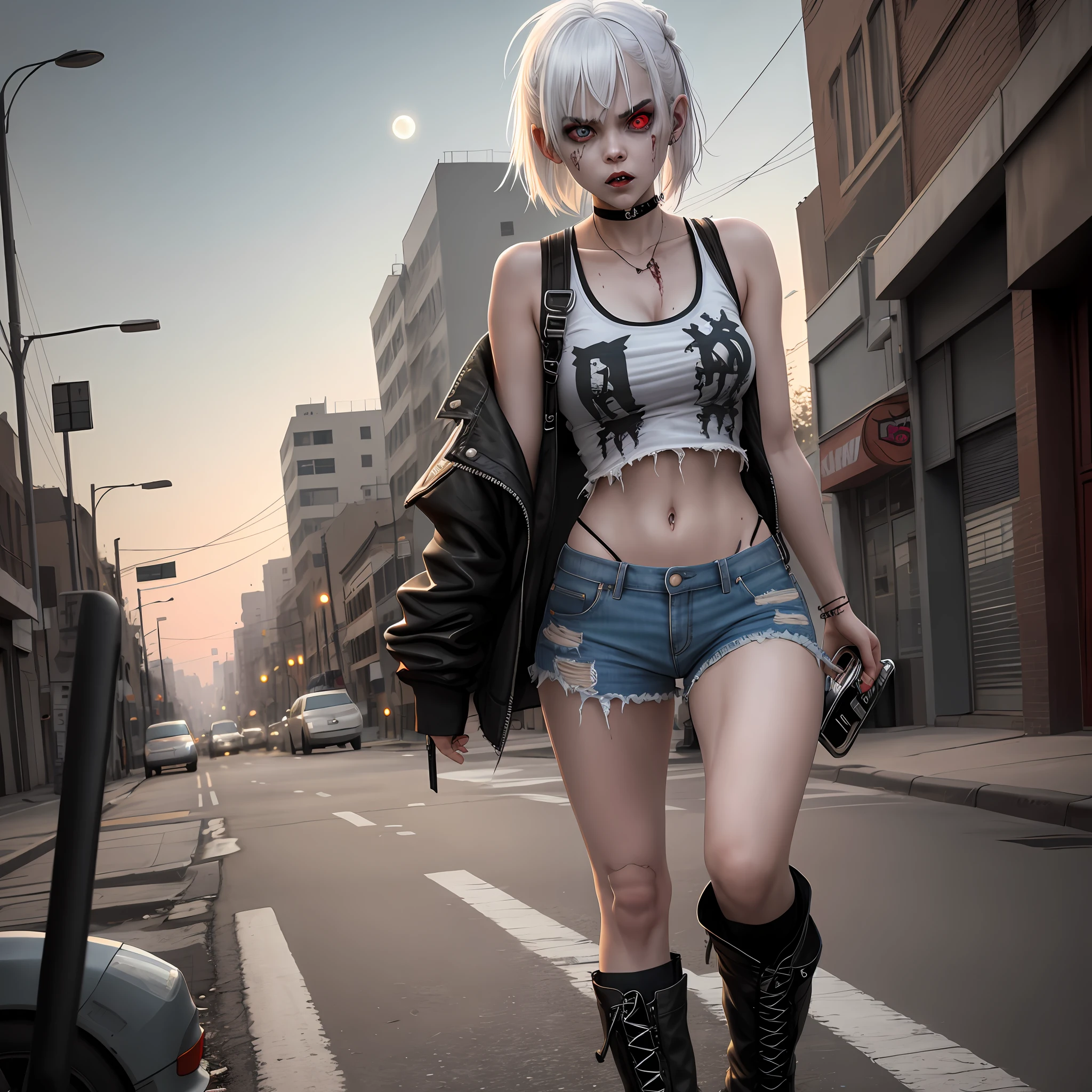 zombiegirl, full body, solo, white hair, white and transparent eye, aggressive face, facial expression of horror, torn tank top t-shirt, shor ripped jeans,night, short boot, deserted street, full moon, vampire teeth, torn clothing, blood all over the body, masterpiece, high resolution, best quality, super detail, intricate detailes, colorful