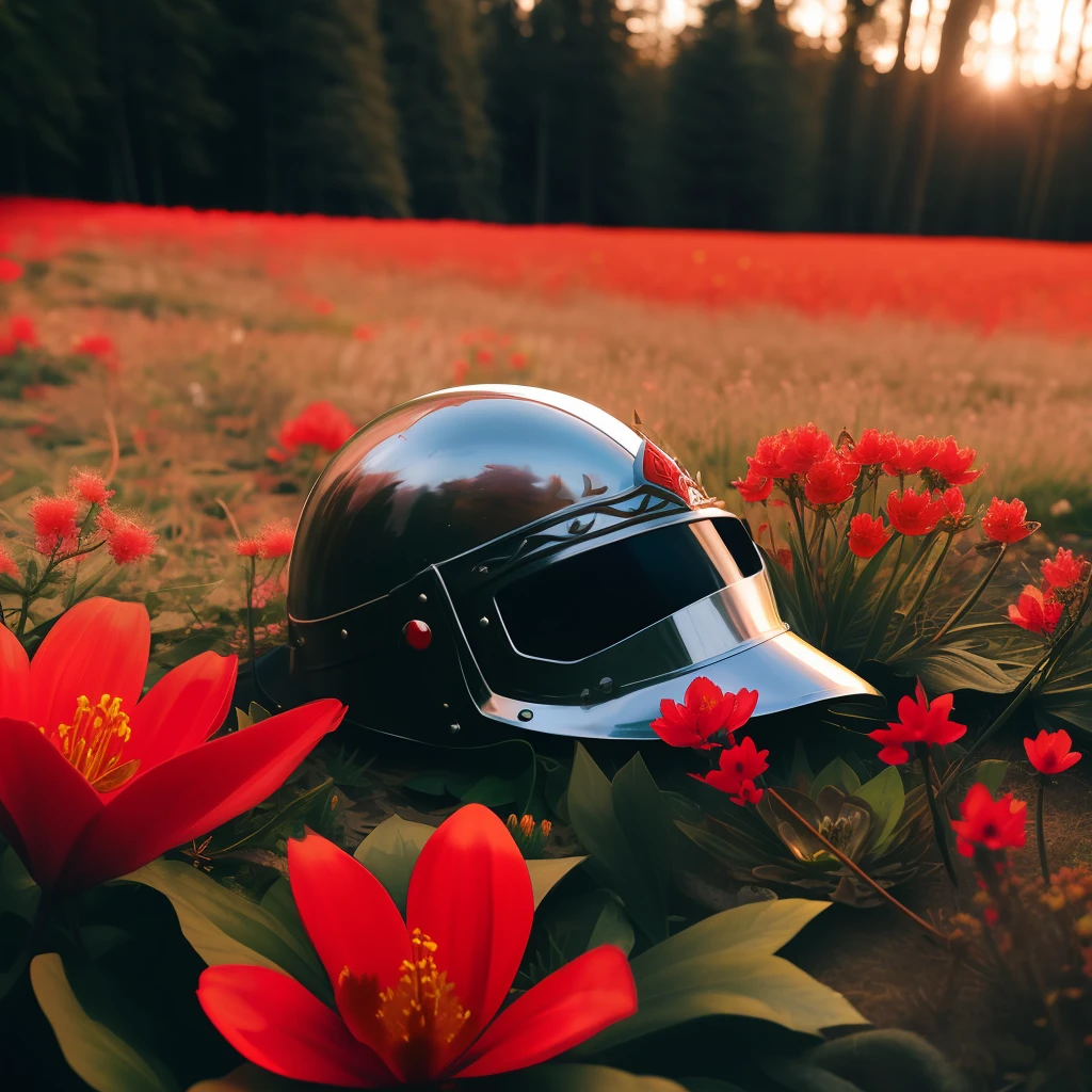 damaged medieval helmet, black dagger, on mythical forest floor at sunrise, surrounded by blooming red flowers.