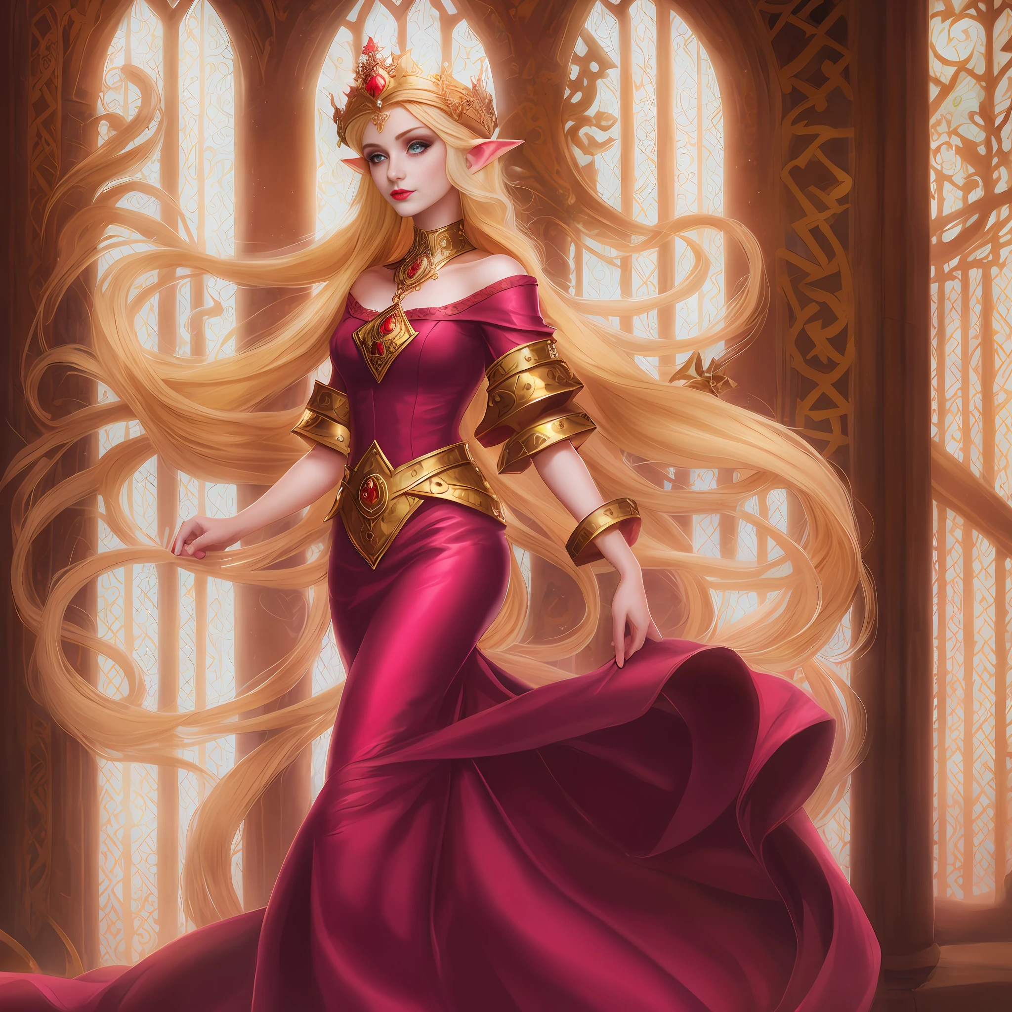 (Blonde Woman: 1.3, Red Dress: 1.2, Crown: 1.1), Fantasy Style Art, Beautiful and Elegant Elf Queen, (Beautiful Fantasy Queen: 1.1), Kushat Krenz Key Art Women, Fantasy Art Behans, Alphonse Mucha and Rosla, (Elf Queen: 1.2), Beautiful Elf Princess, Portrait Details: (Beautiful portrait, shadow details, delicate makeup, shiny pupils: 1.2, raised eyeliner, pink lipstick: 1.1 :: 0.9), background: (Fantasy world, steampunk vibe, ow dark brown, decoration.)