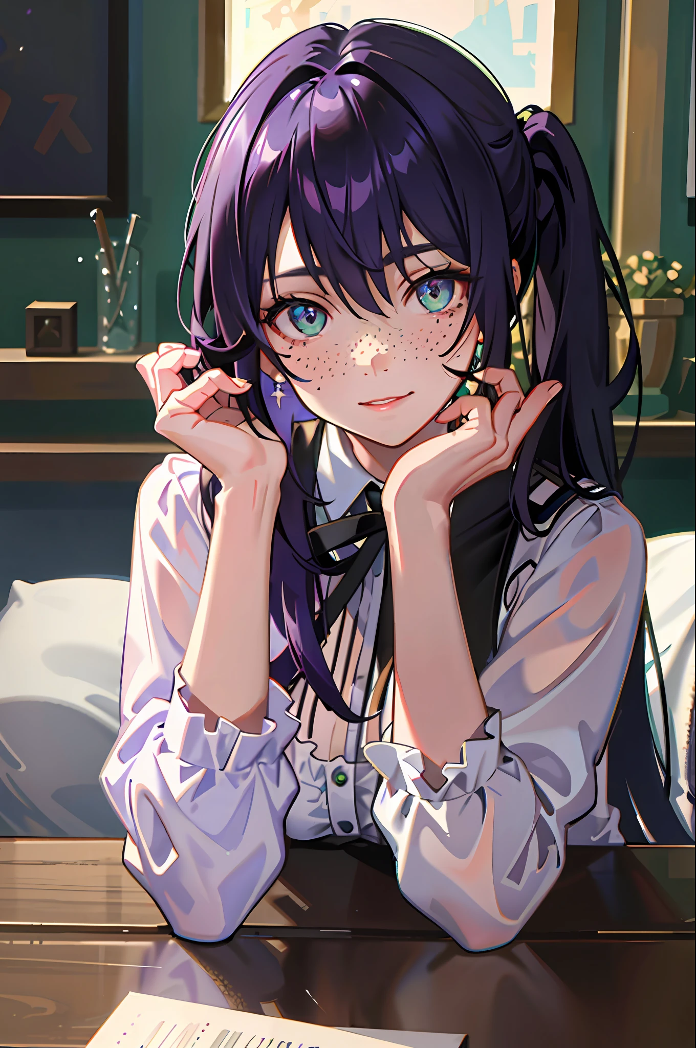 (masterpiece, sidelighting, finely detailed beautiful eyes: 1.2), 1girl, slanted bangs, green eyes, purple hair, eyebrows visible through hair, hair between eyes, double ponytail, hands on your cheeks, hands on your own face, headrest, jewelry, long sleeves, looking at the audience, long hair, moles, moles under the eyes, freckles, solo, upper body, virtual youtuber, masterpiece , Best quality, messy hair, trends on artstation, 8k resolution, very detailed, anatomically correct, clear images, digital painting, concept art, trends on pixiv, Makoto Shinkai's style,