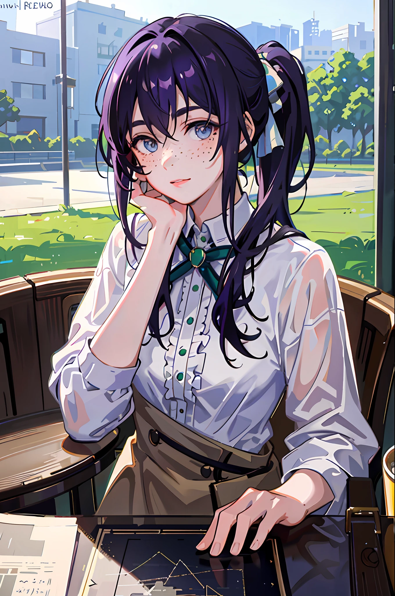 (masterpiece, sidelighting, finely detailed beautiful eyes: 1.2), 1girl, slanted bangs, green eyes, purple hair, eyebrows visible through hair, hair between eyes, double ponytail, hands on your cheeks, hands on your own face, headrest, jewelry, long sleeves, looking at the audience, long hair, moles, moles under the eyes, freckles, solo, upper body, virtual youtuber, masterpiece , Best quality, messy hair, trends on artstation, 8k resolution, very detailed, anatomically correct, clear images, digital painting, concept art, trends on pixiv, Makoto Shinkai's style,