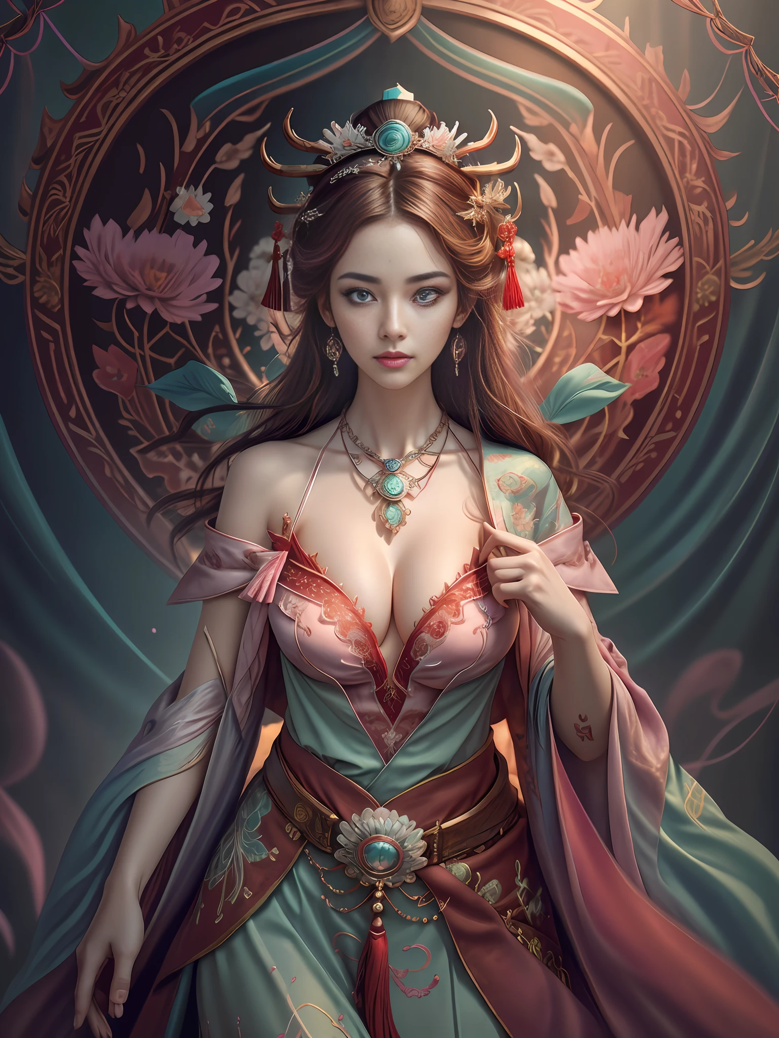 Best quality,masterpiece,ultra-detailed high res,(photorealistic:1.4),raw photo,,illustration,
1girl dancing,(solo:1.2),(cowboy shot:1.2),(hair crown:1.2),Traditional chinese dunhuang style lace clothes,Strapless,(red eyeliner:1.2),(huge breasts:1.4), (v-neck:1.5), (big necklace:1.4), lace armour, (beautiful eyes :1.4), (looking at viewer:1.5), earrings,dynamic angle,Opera House,messy_long_hair,ink,cinematic lighting,lens_flare, Velvet, chrysanthemum,Tassel,Ribbon,color embroidery, white gold pink blue violet green