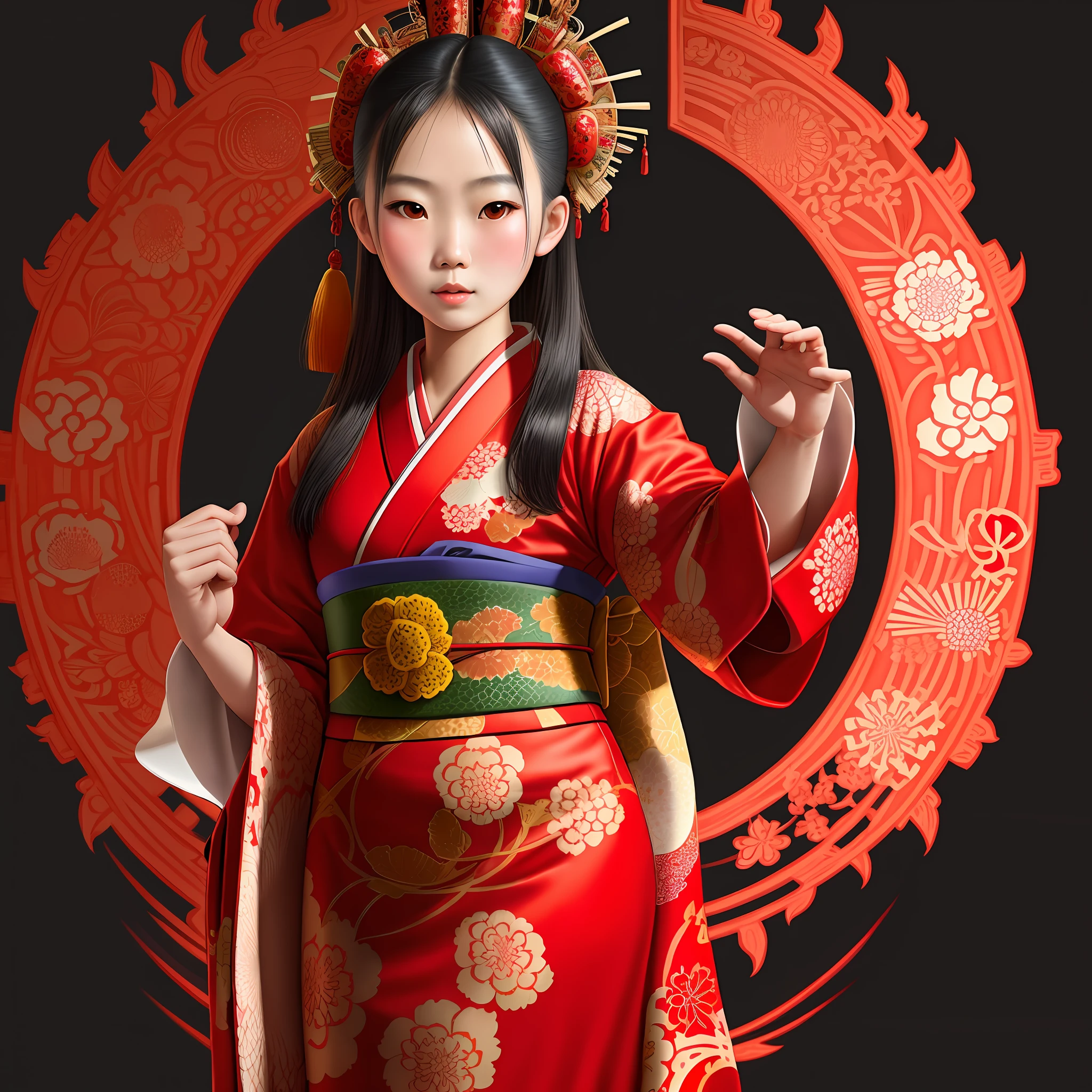 Oriental girl, 18 years old, wearing traditional kimono with red peppers pattern, transparent background, , realistic style (intricate details:1.12), HDR, (intricate details, hyper-detailed:1.15), half body