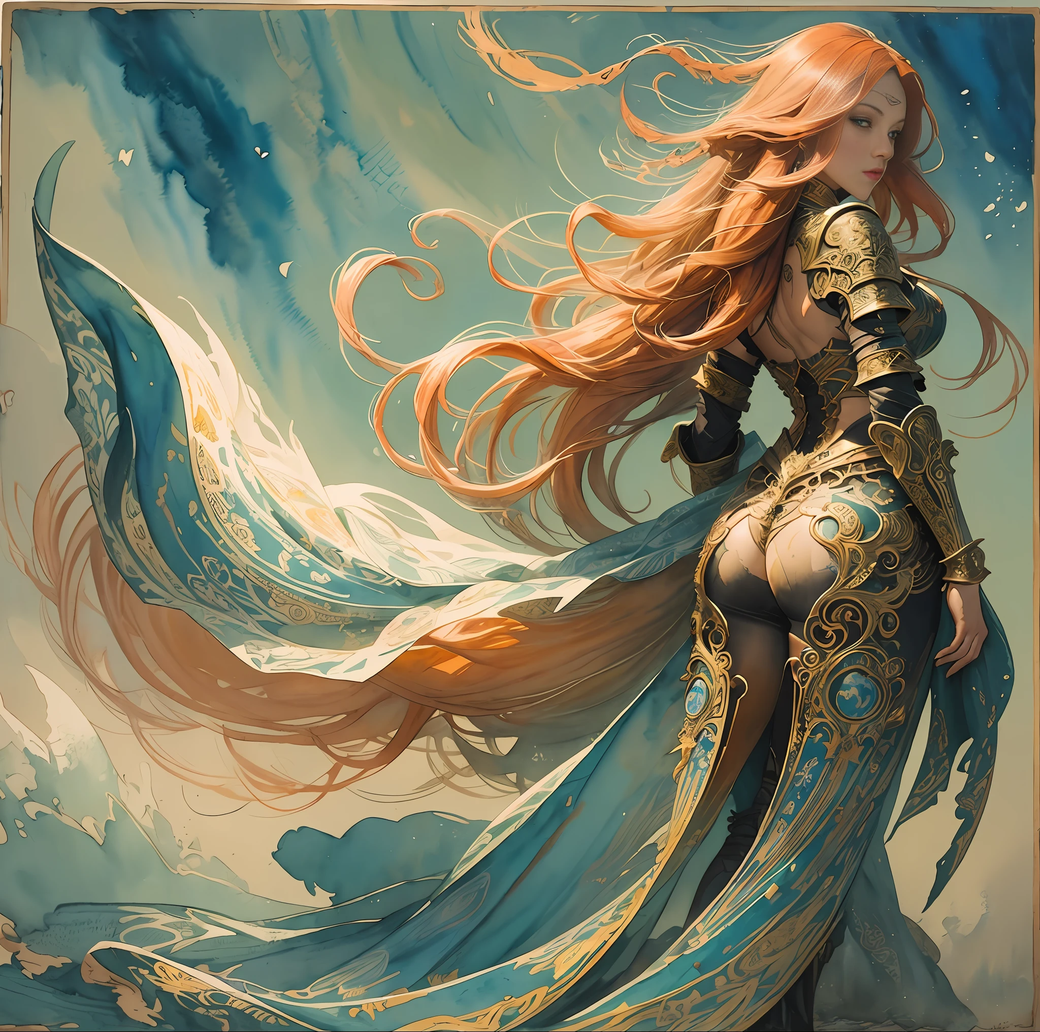 (full body, looking at viewer, from behind, ass focus), ((watercolours, ink, painting)), (watercolour background, colourful), long wavy orange hair, wide hips, ornate ivory armor, arms outstretched