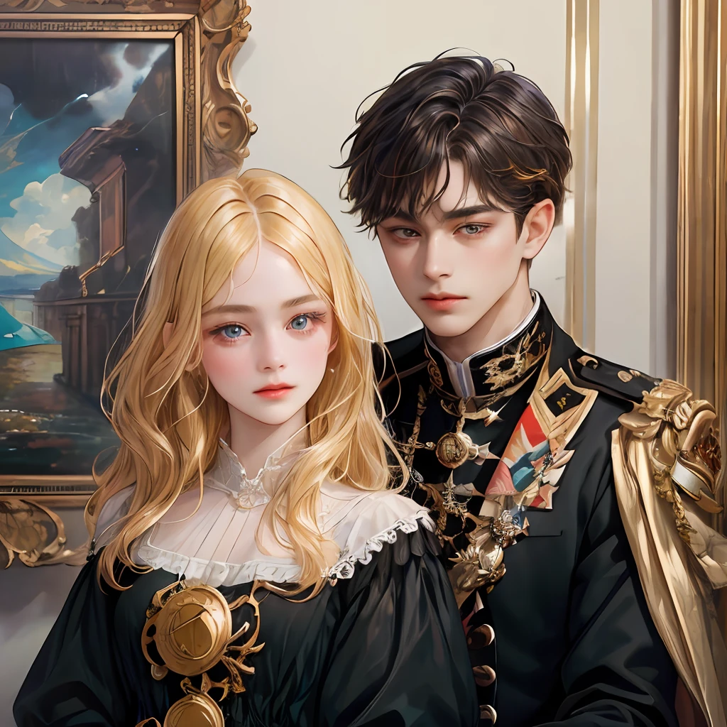 ((looking at the viewer)), (cinematic, best quality, UHD), ((oil painting)), ((official art)), (absurd, high resolution, ultra-detailed), (a boy and a girl), two people, delicate face, dark yellow hair, black hair, short hair, mother of messy long hair, rebellious, baroque, long sleeves, elegant, colorful, more detailed, upper body